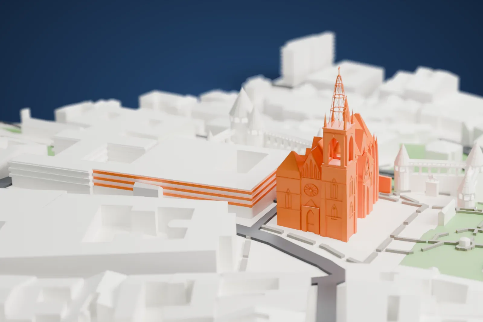A white 3D print of Matthias Church, a Gothic church with a diamond-patterned roof and a tall tower topped by an open lattice spire, standing beside a wall with conical-roofed turrets.