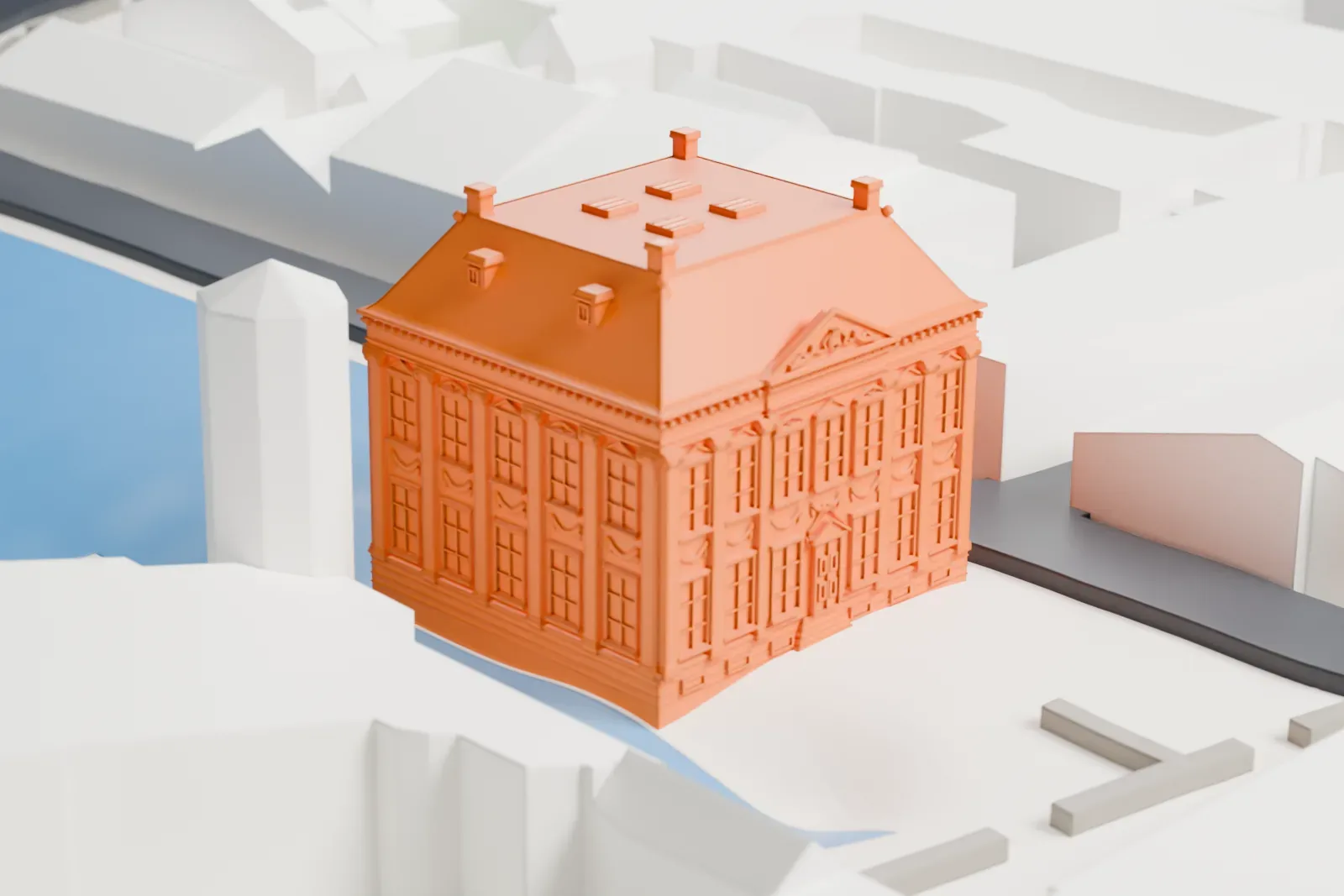 A white 3D print of the Mauritshuis, a symmetrical building with a pedimented front, a hipped roof and chimneys, standing beside water with neighboring buildings around it.
