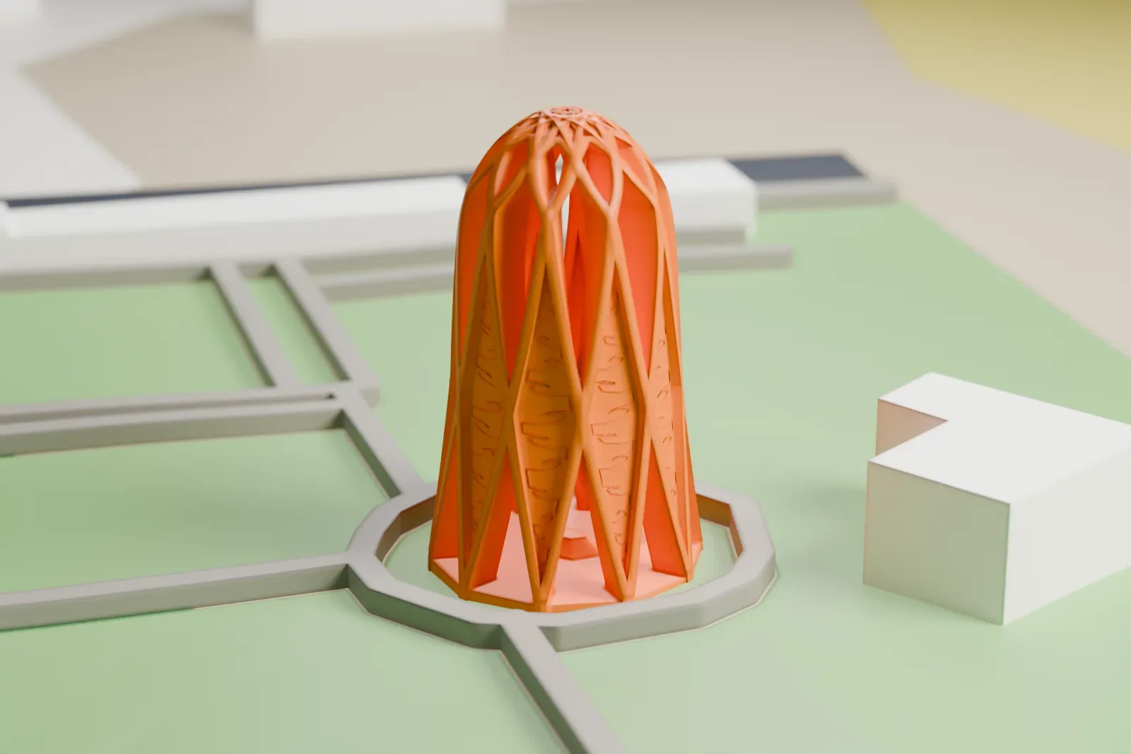 A white 3D print of the Mausoleum of Omar Khayyám, a bell-shaped openwork tower with a star-patterned top, standing on a ring-shaped path with surrounding streets and buildings.