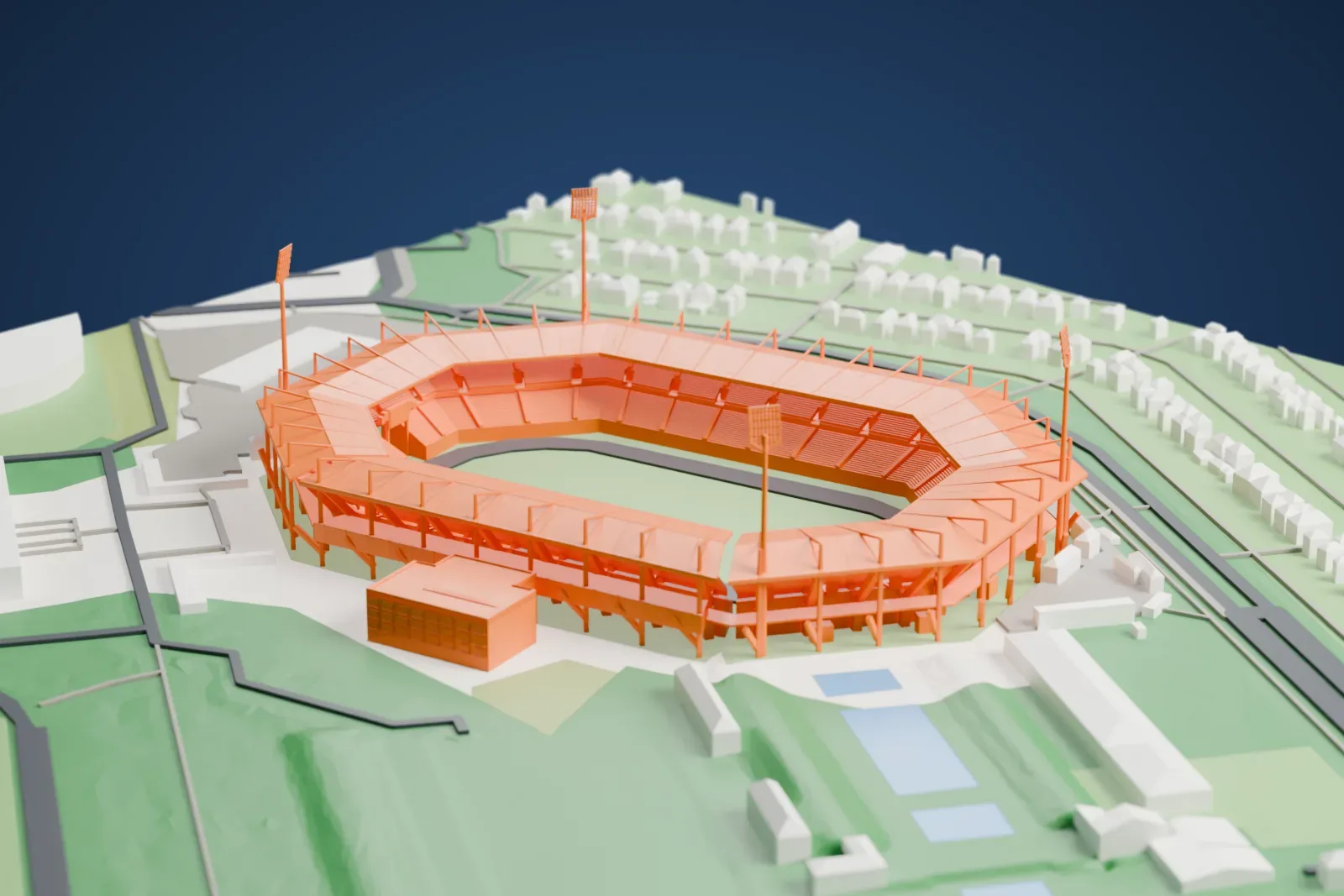 A white 3D print of the Max-Morlock-Stadion, with its open roof, four floodlight masts and surrounding streets and buildings.