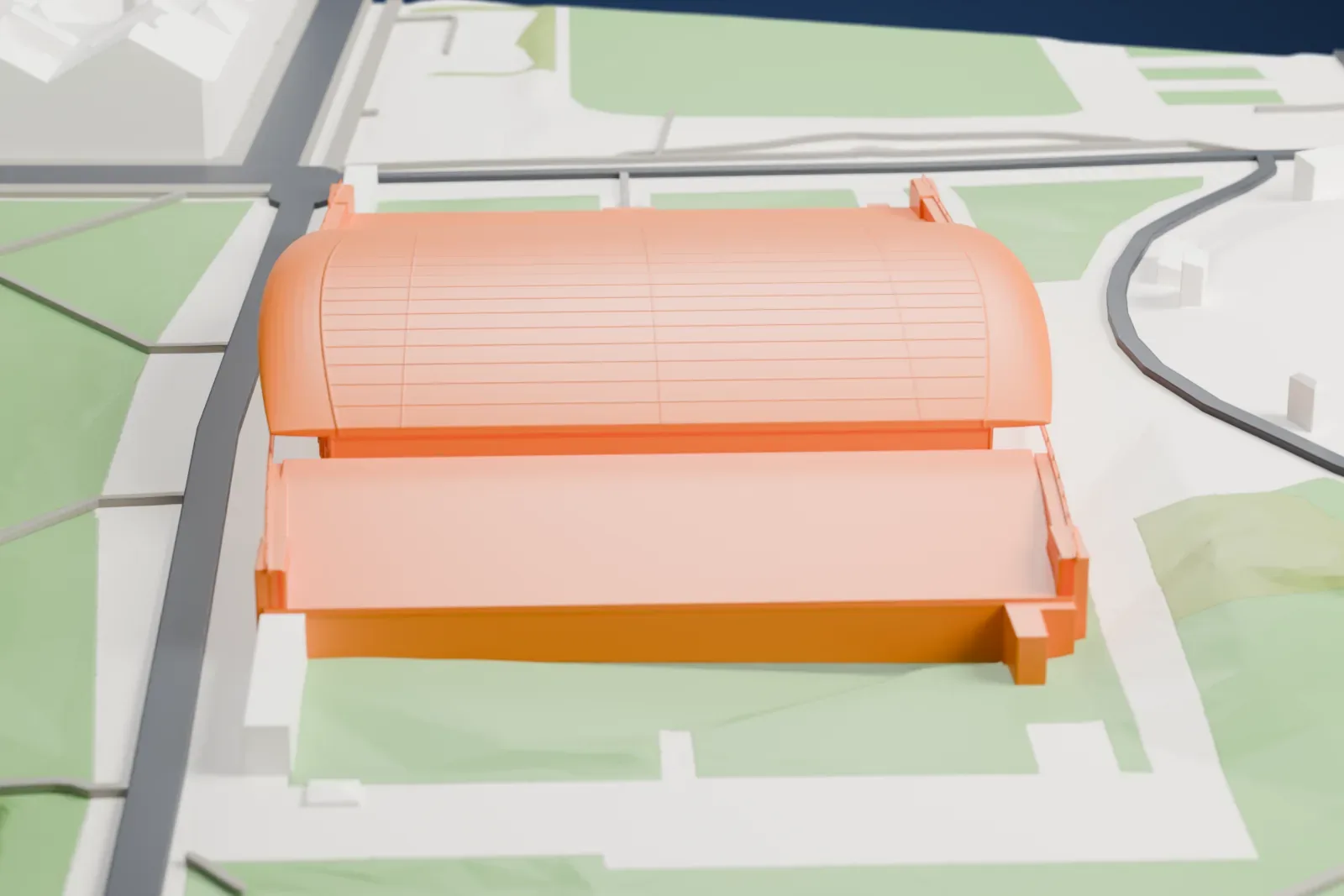 A white 3D print of Max-Schmeling-Halle, a broad indoor arena set among surrounding streets and buildings.
