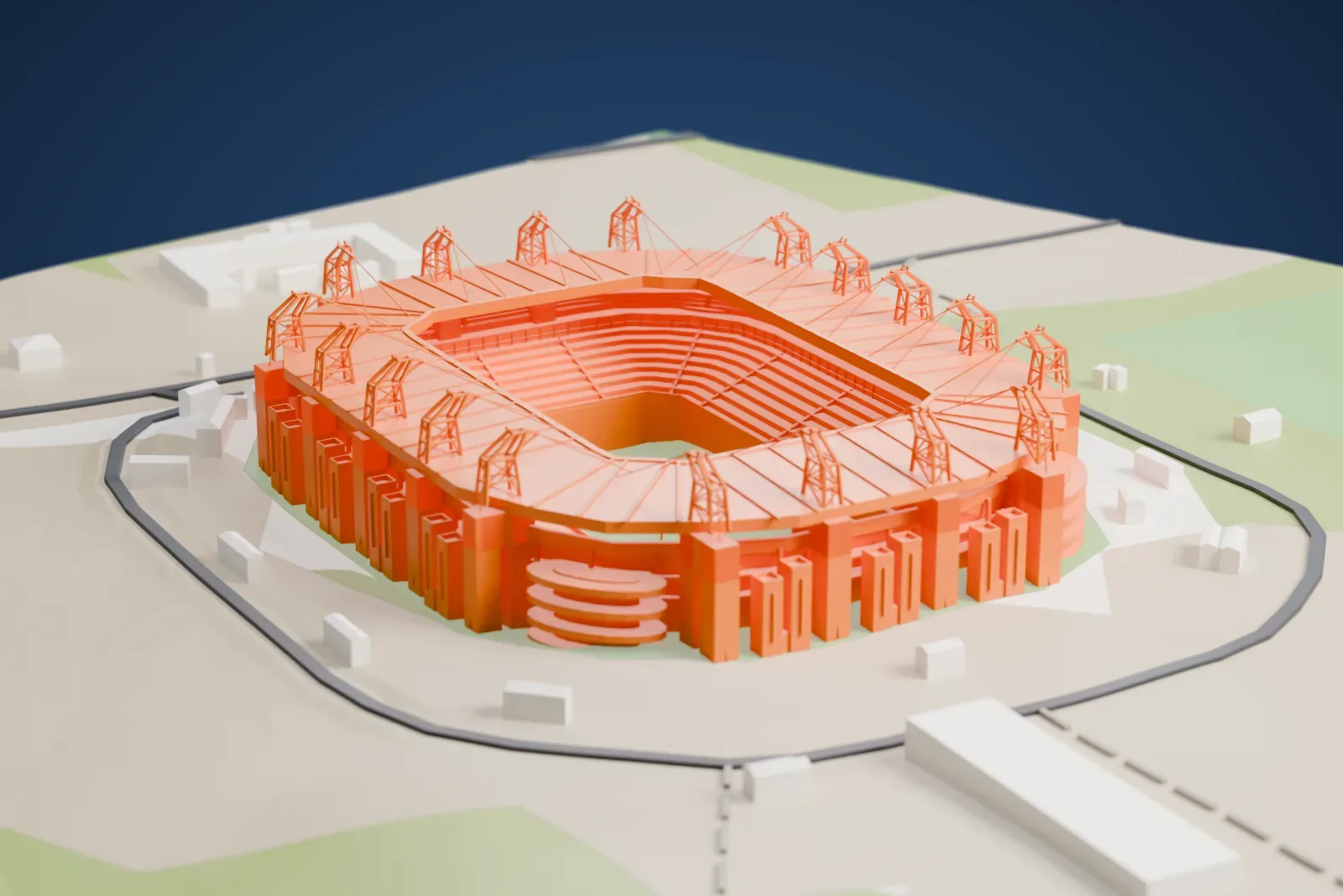 A white 3D print of Mbombela Stadium, a three-tier bowl under a flat cantilever roof raised on giraffe-shaped supports, among the streets and buildings around it.