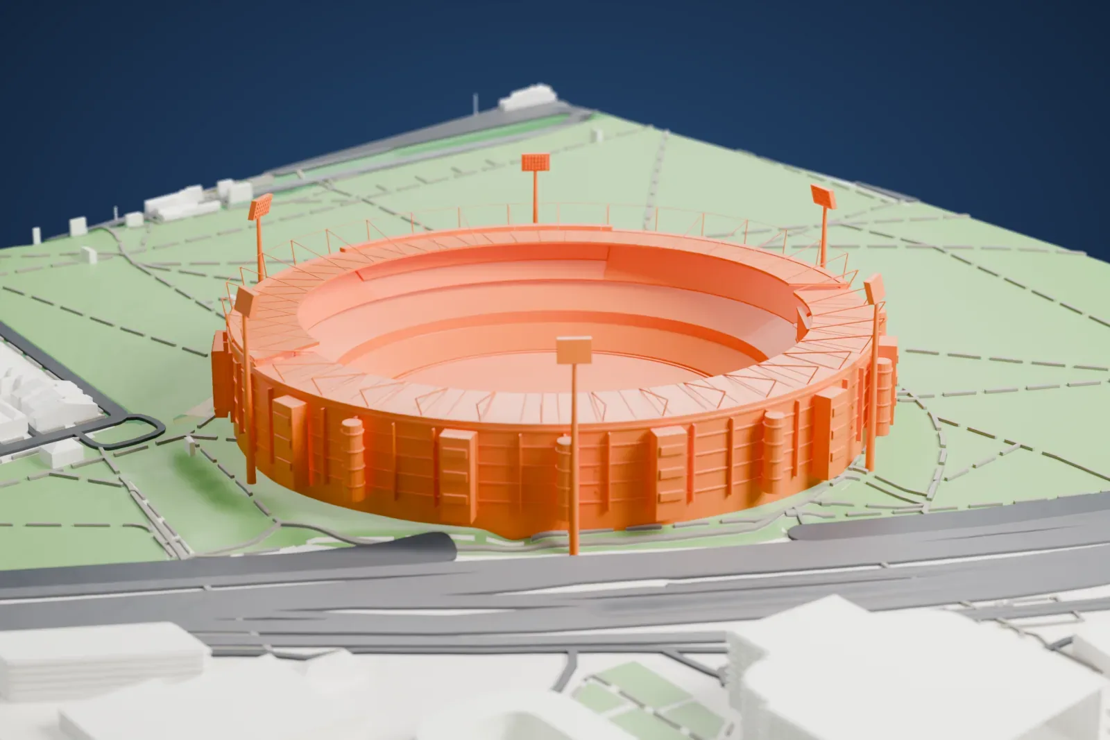 A white 3D print of the Melbourne Cricket Ground, an oval stadium with thin floodlight towers, standing in green parkland with winding paths and wide roads beside it.