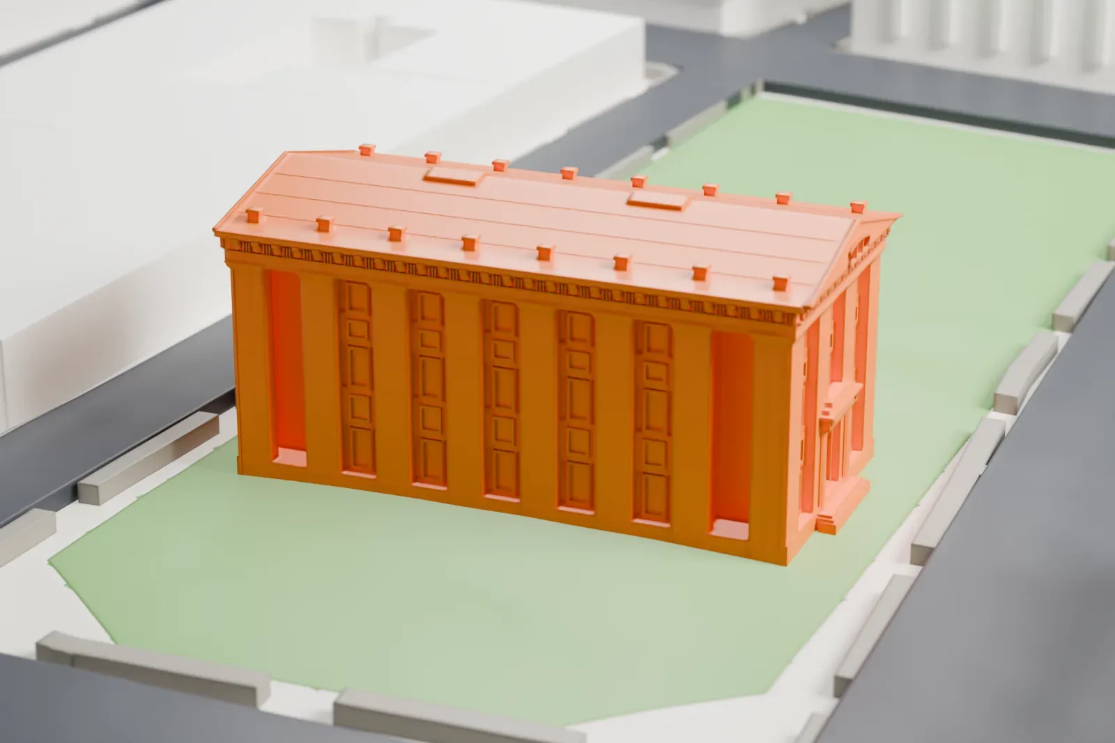 A white 3D print of McLevy Hall, a temple-like building with a pedimented roof and tall columns along its sides, on a small green with streets and buildings around it.