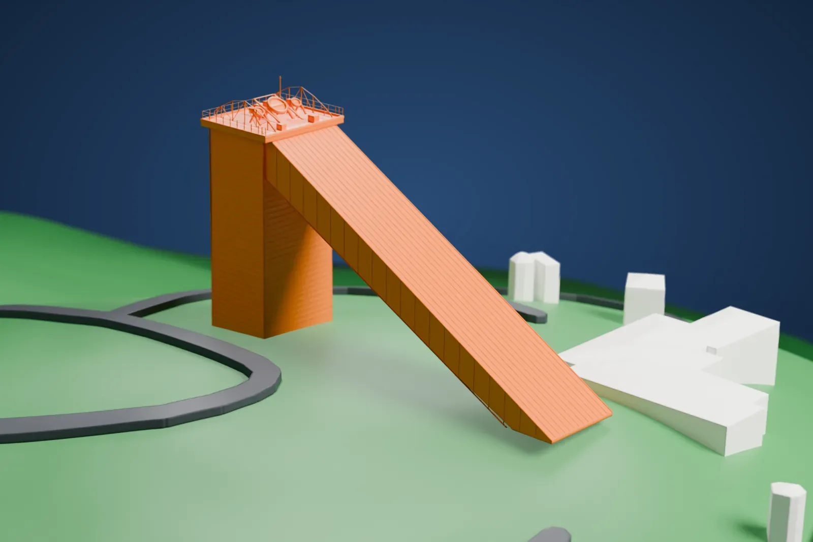 A white 3D print of the McMath–Pierce solar telescope, a tall, narrow tower topped by a lattice frame, with a long diagonal shaft sloping down a green hillside beside a few small buildings.