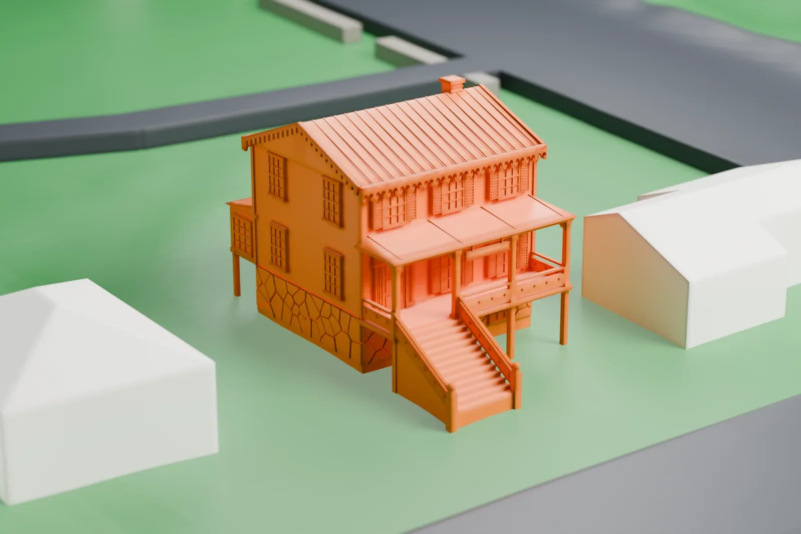A white 3D print of the McVickar House, a two-story wooden house with a stone base, porches on thin posts and a wide front staircase, on a lawn near a road.