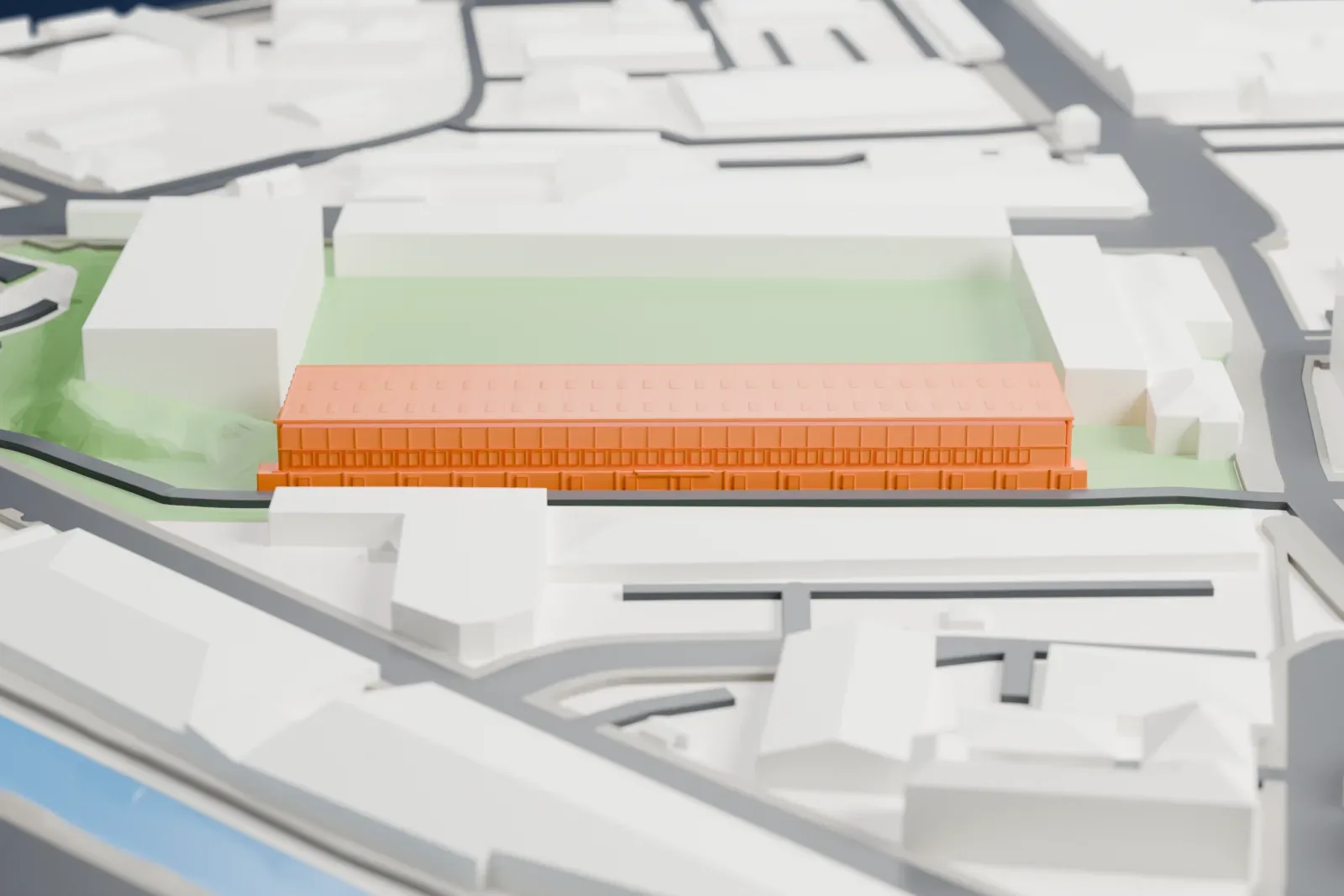 A white 3D print of the Derek Pavis Stand at Meadow Lane, with its long cantilevered roof and two magpie panels, among surrounding streets and buildings.