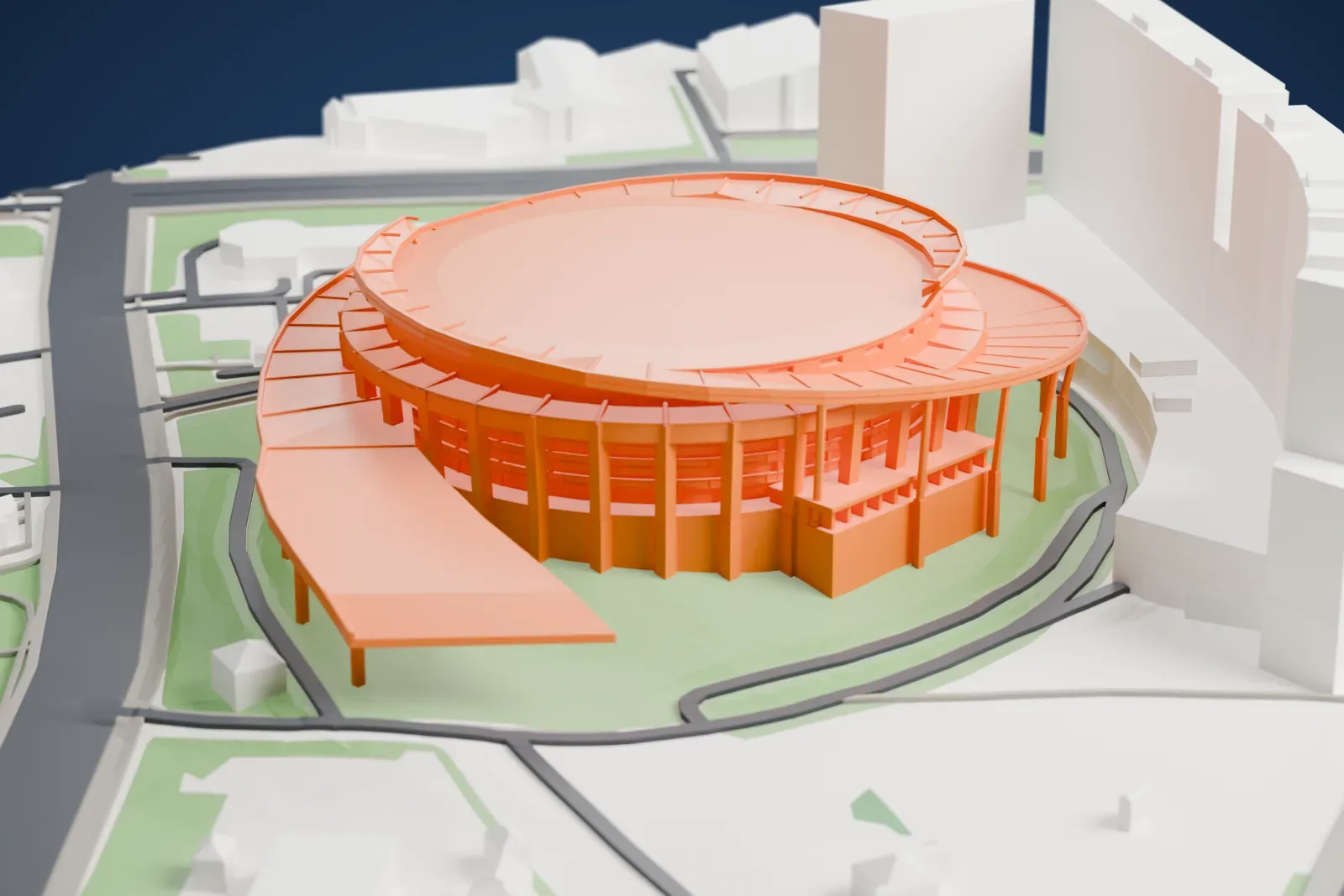 A white 3D print of Megasport Sport Palace, a large indoor arena on the Khodynka Field among the surrounding streets and buildings.
