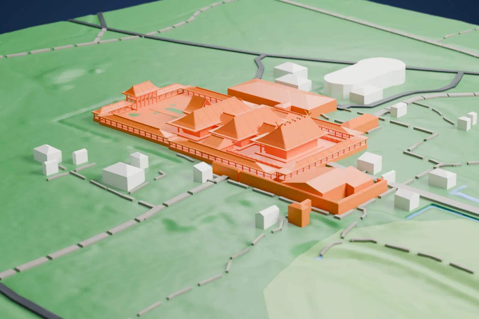 A white 3D print of Meiji Shrine, a cluster of overlapping roofs with deep eaves inside a square courtyard of covered corridors, set in green parkland with a few small buildings and footpaths.