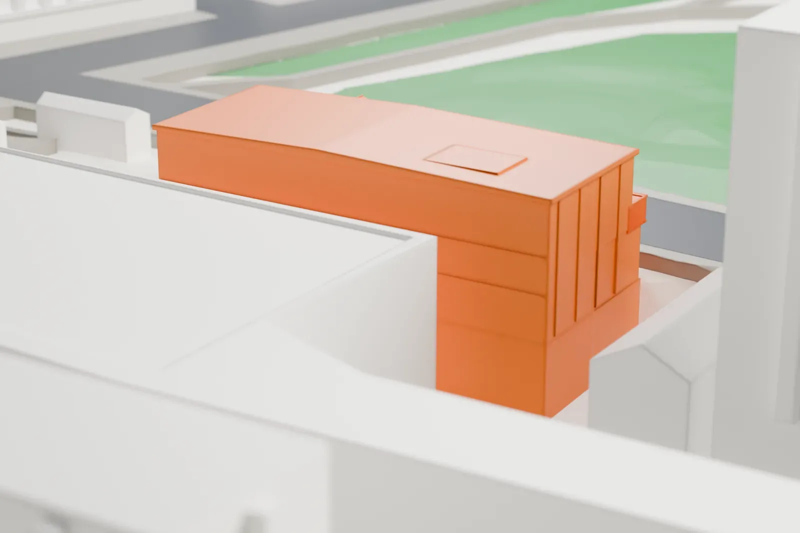A white 3D print of Mejiro Station, a railway station, among the surrounding streets and buildings.
