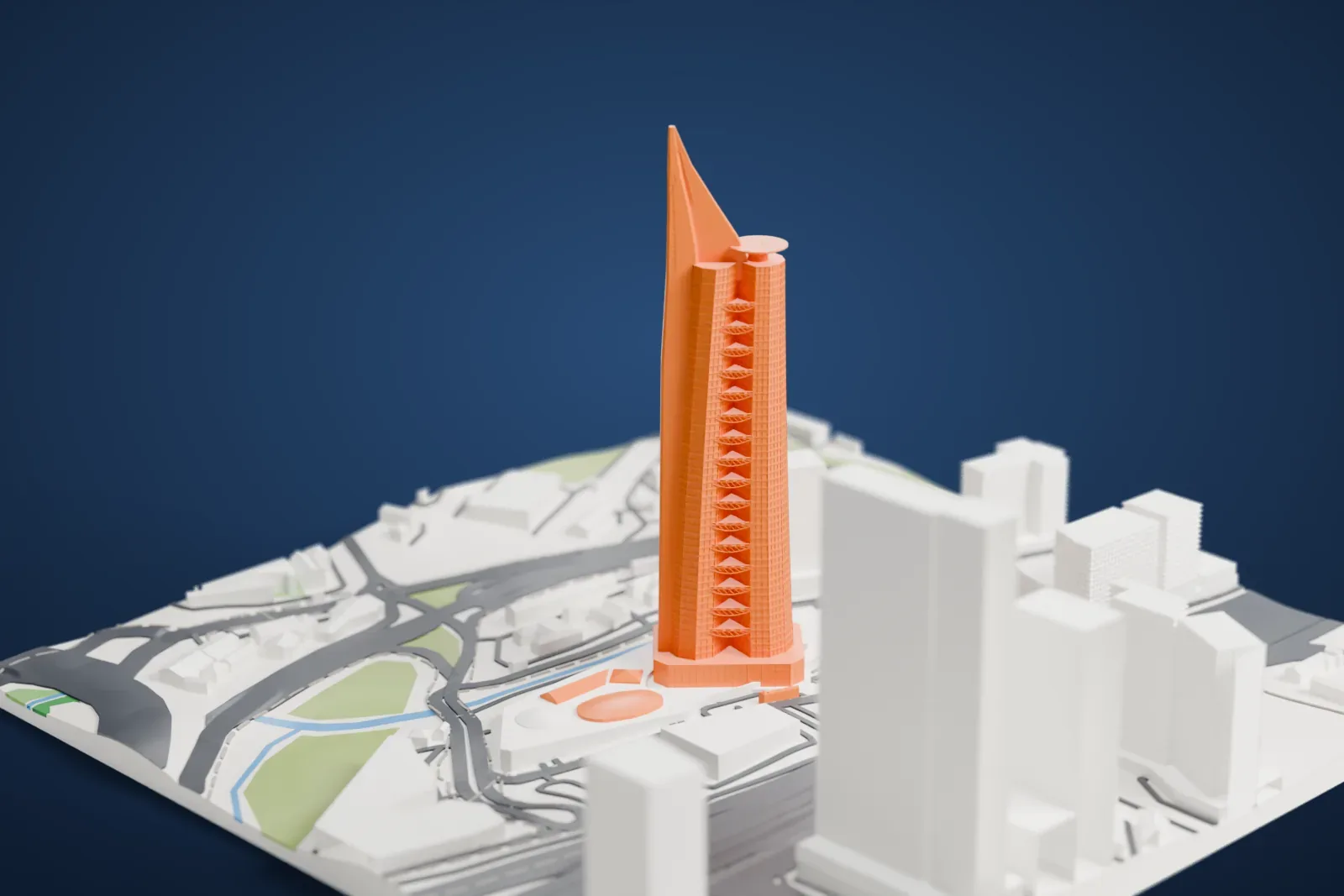 A white 3D print of Menara Telekom, a tall twisting tower with a pointed blade at the top, standing among wide roads, a narrow waterway and a few other towers.
