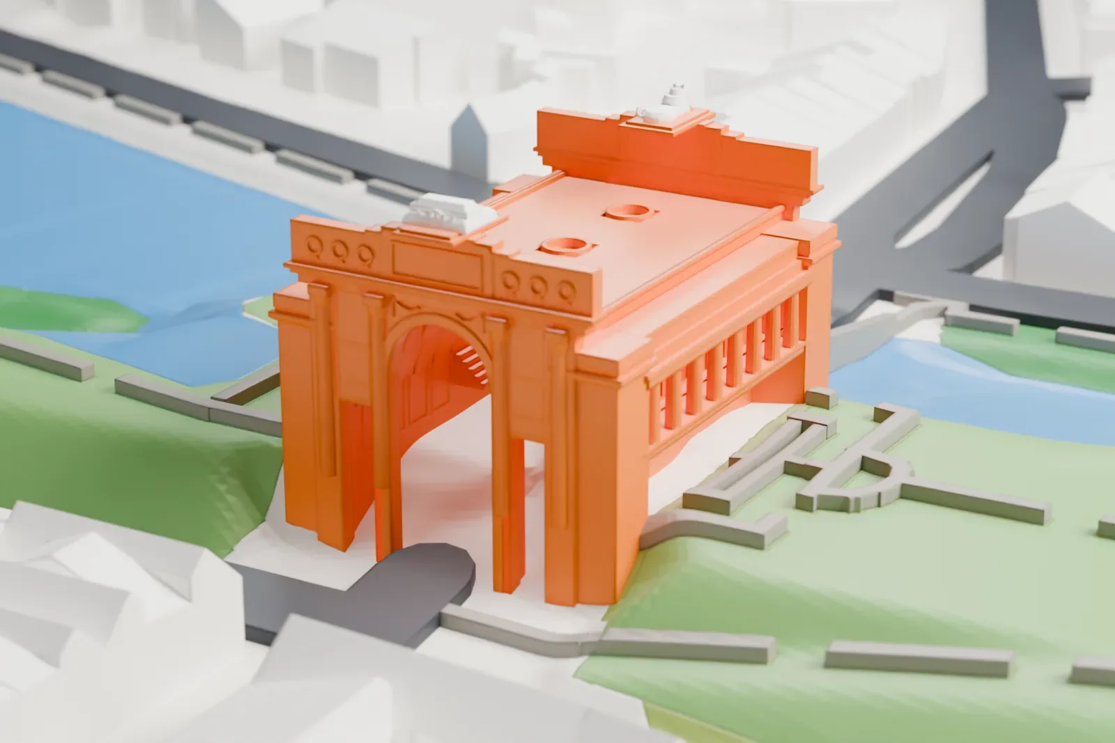 A white 3D print of the Menin Gate, a large triumphal arch with a barrel-vaulted passage, slim columns and a small lion on top, beside water, green banks and a road.