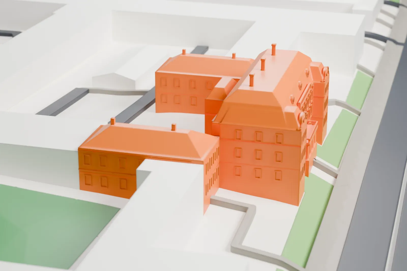 A white 3D print of the Menshikov Palace, set among the surrounding streets and buildings.