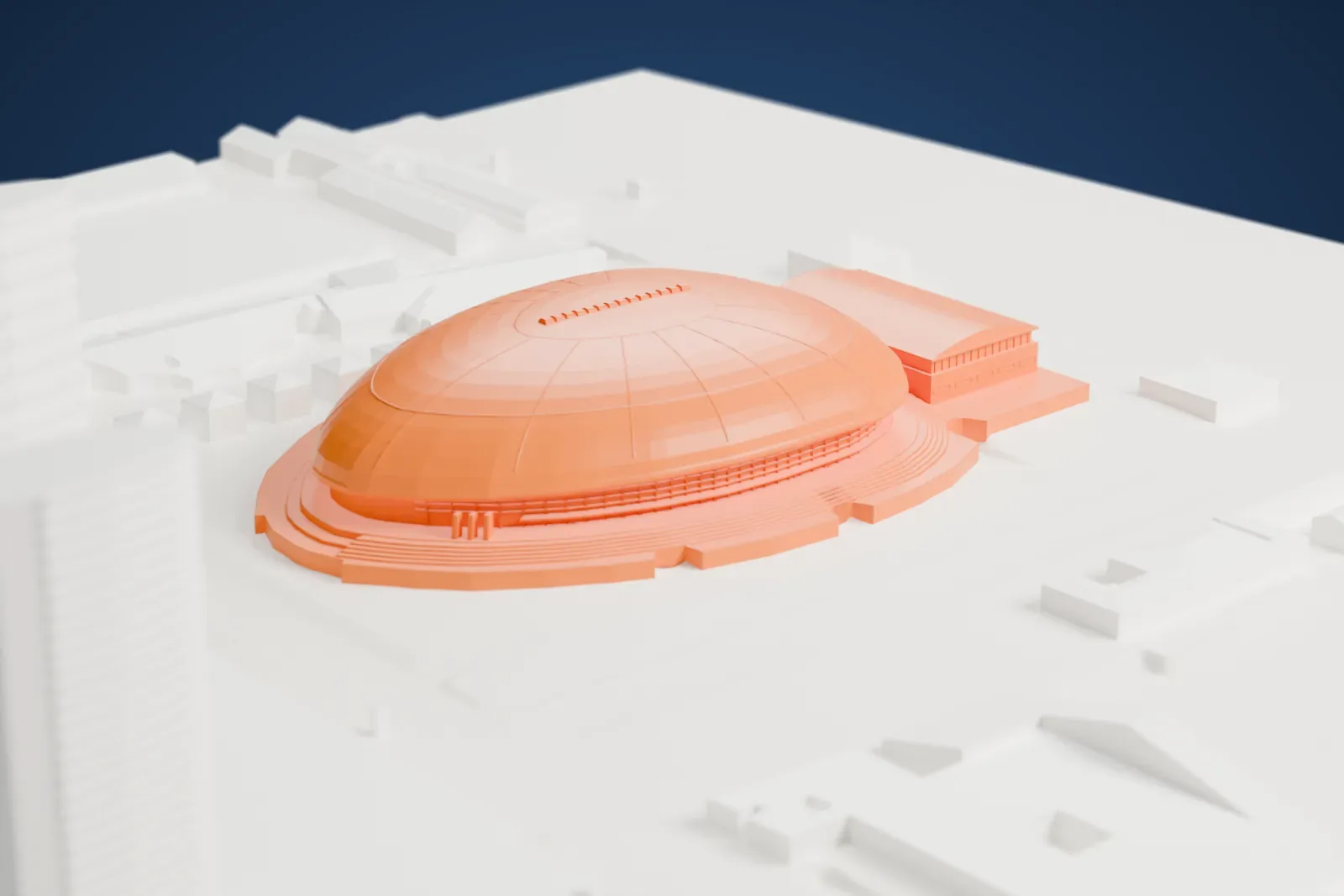 A white 3D print of MEO Arena, an ovoid shell with a broad flat crown and a rounded eave overhanging the glazed front, among the streets and buildings around it.