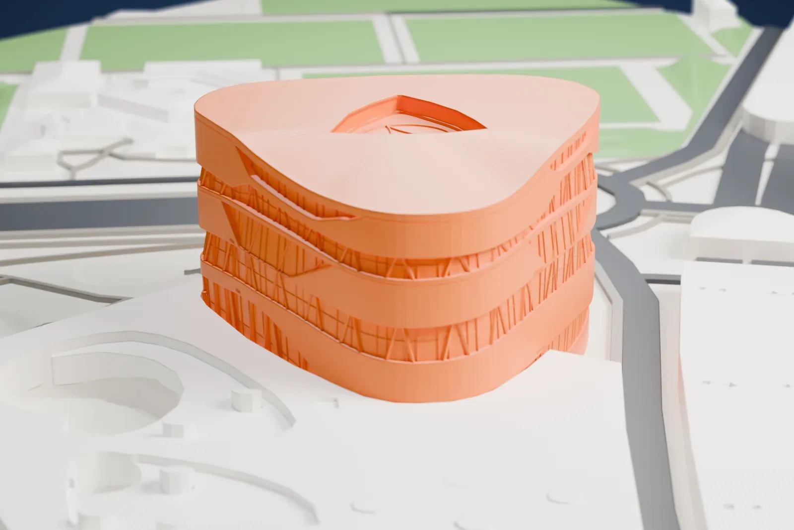 A white 3D print of the Mercedes-Benz Museum among the surrounding streets and buildings of Stuttgart.