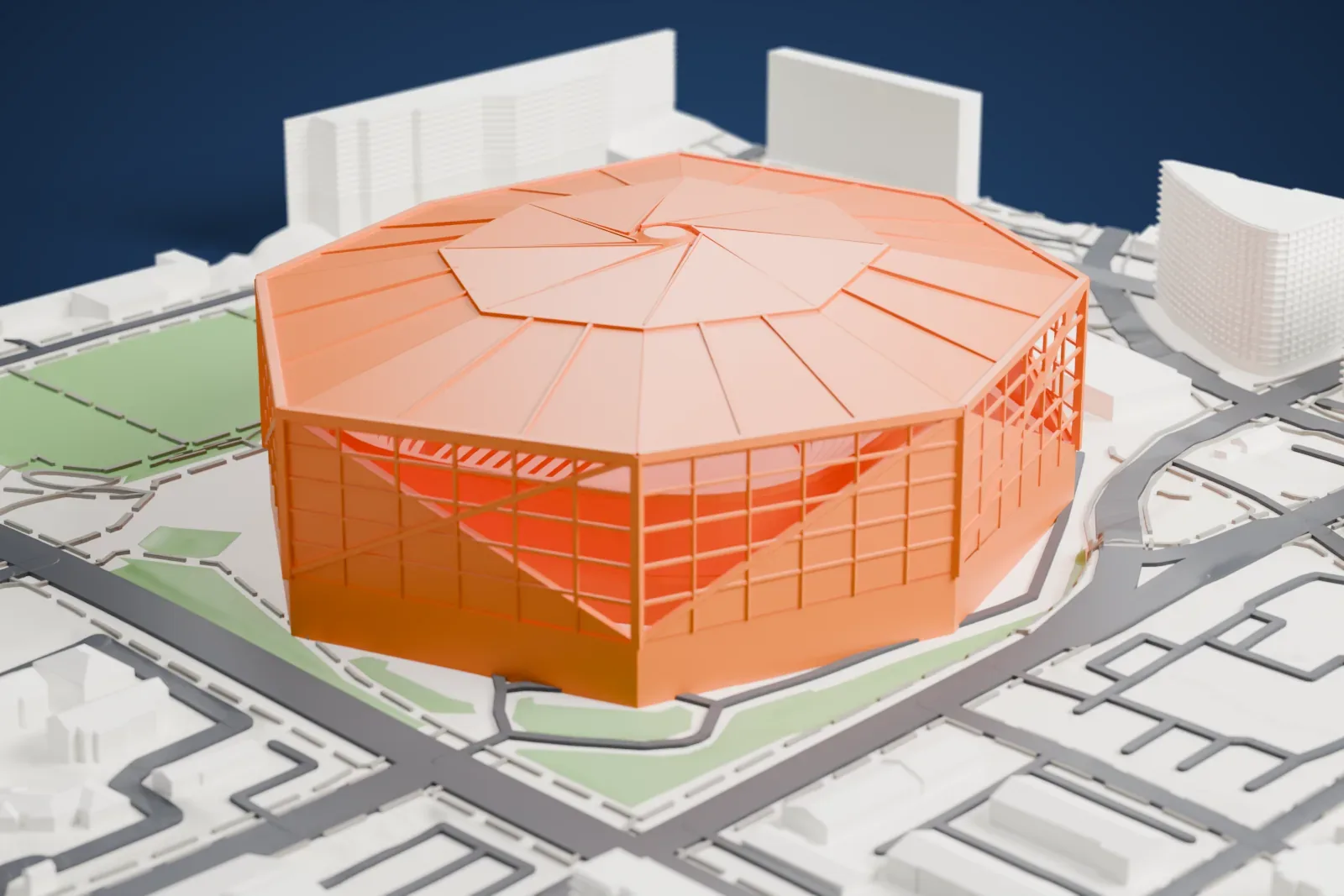 A white 3D print of Mercedes-Benz Stadium, a large roofed stadium with a pinwheel pattern of triangular roof panels, surrounded by streets, green parks and city blocks.