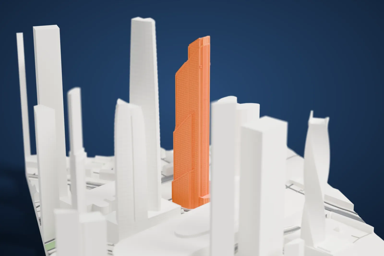 A white 3D print of Mercury City Tower among the surrounding blocks of the business center, with streets between them.