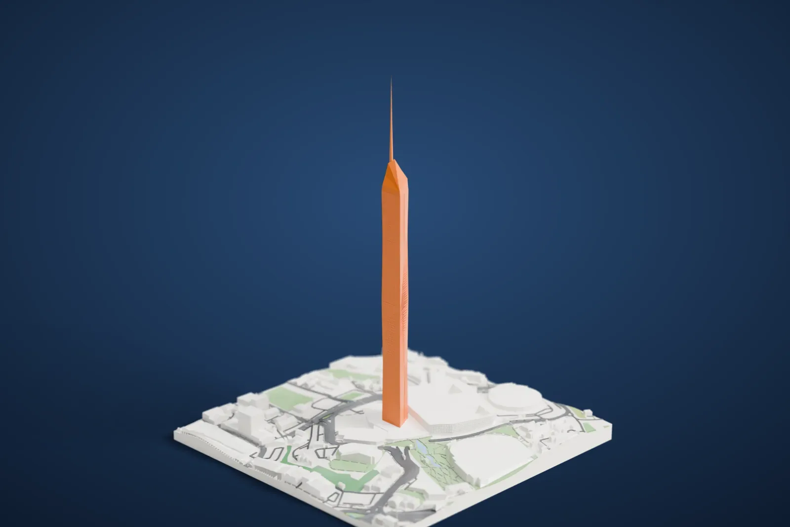 A white 3D print of Merdeka 118, an extremely tall slender tower with a needle spire rising from a low podium above nearby low buildings, domed roofs, roads and patches of park.