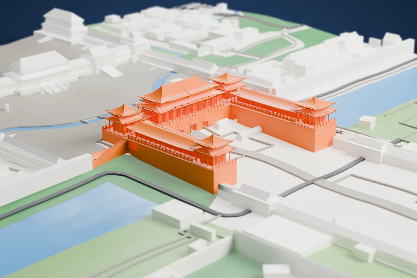A white 3D print of the Meridian Gate, a U-shaped gate with a long double-roofed hall, four corner turrets and two projecting arms, among surrounding streets and buildings.