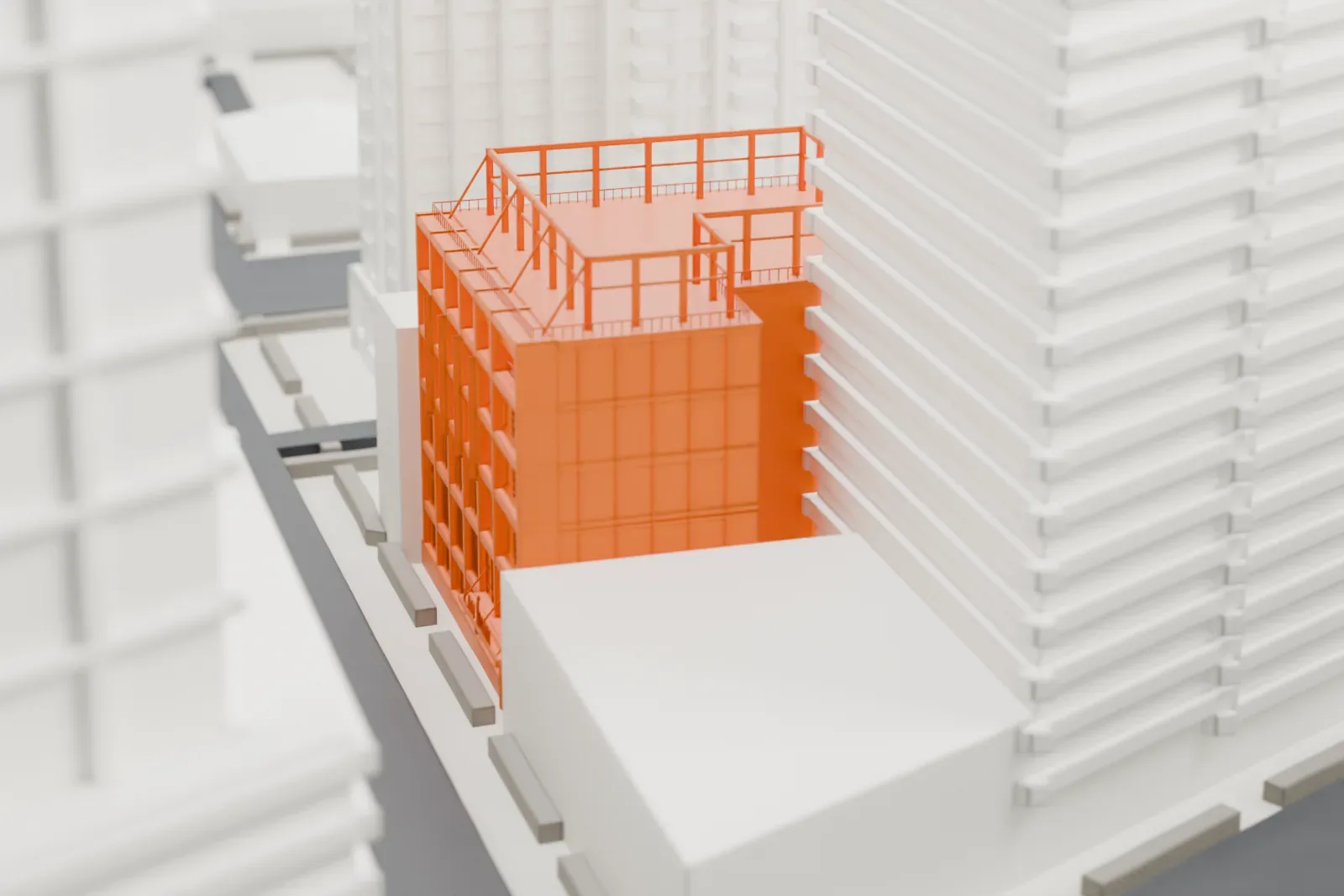 A white 3D print of Merkin Hall, a narrow building with a railed rooftop, wedged between tall buildings in a dense Manhattan block.