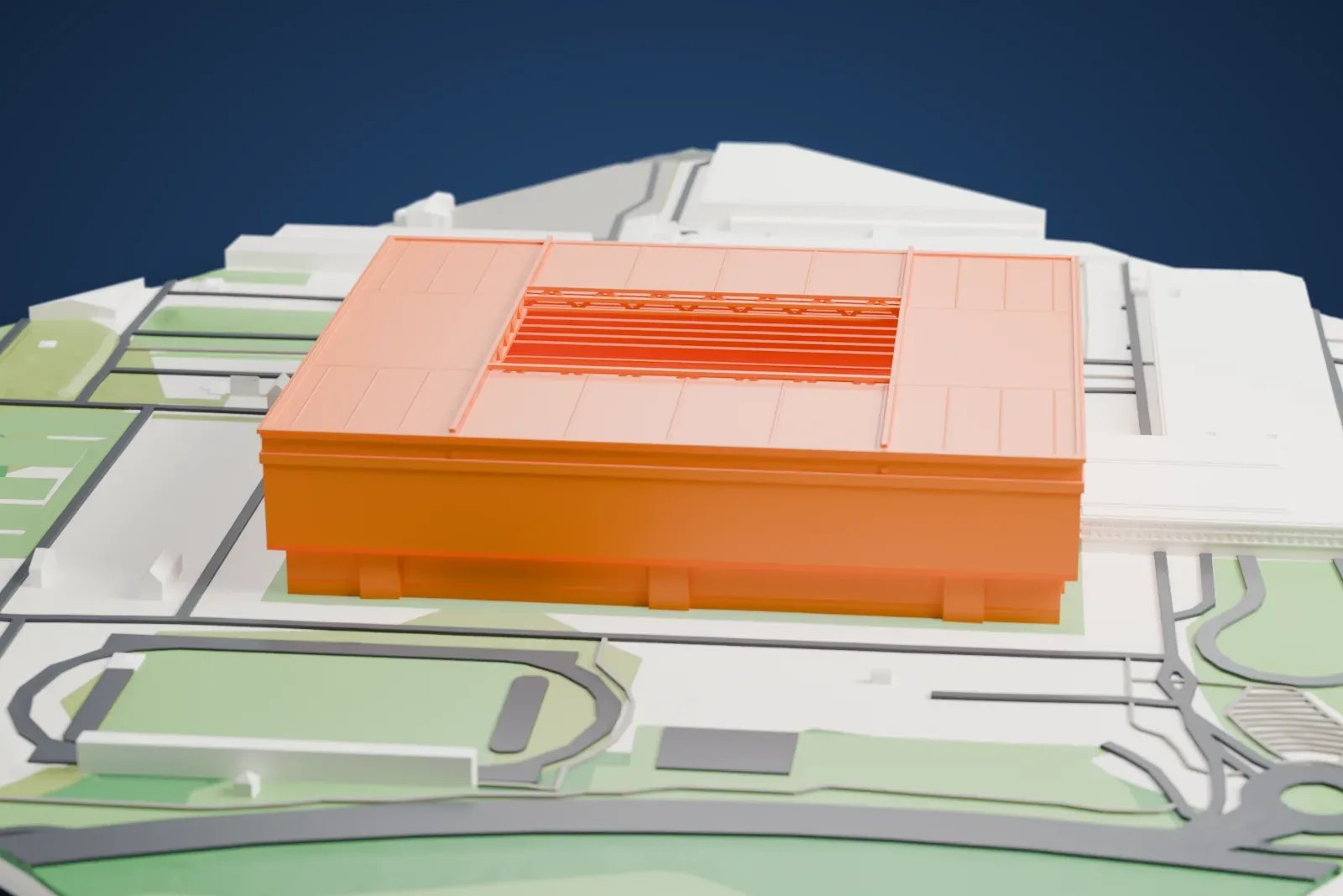 A white 3D print of Merkur Spiel-Arena in Düsseldorf, with the surrounding streets and buildings.