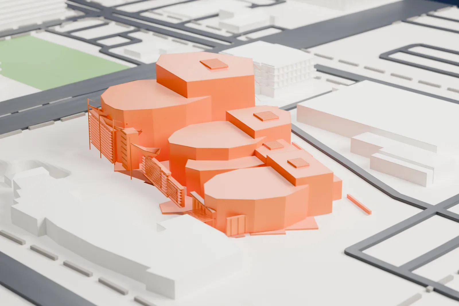 A white 3D print of the Mesa Arts Center, a cluster of rounded and angled building volumes with flat roofs, surrounded by low buildings and streets.