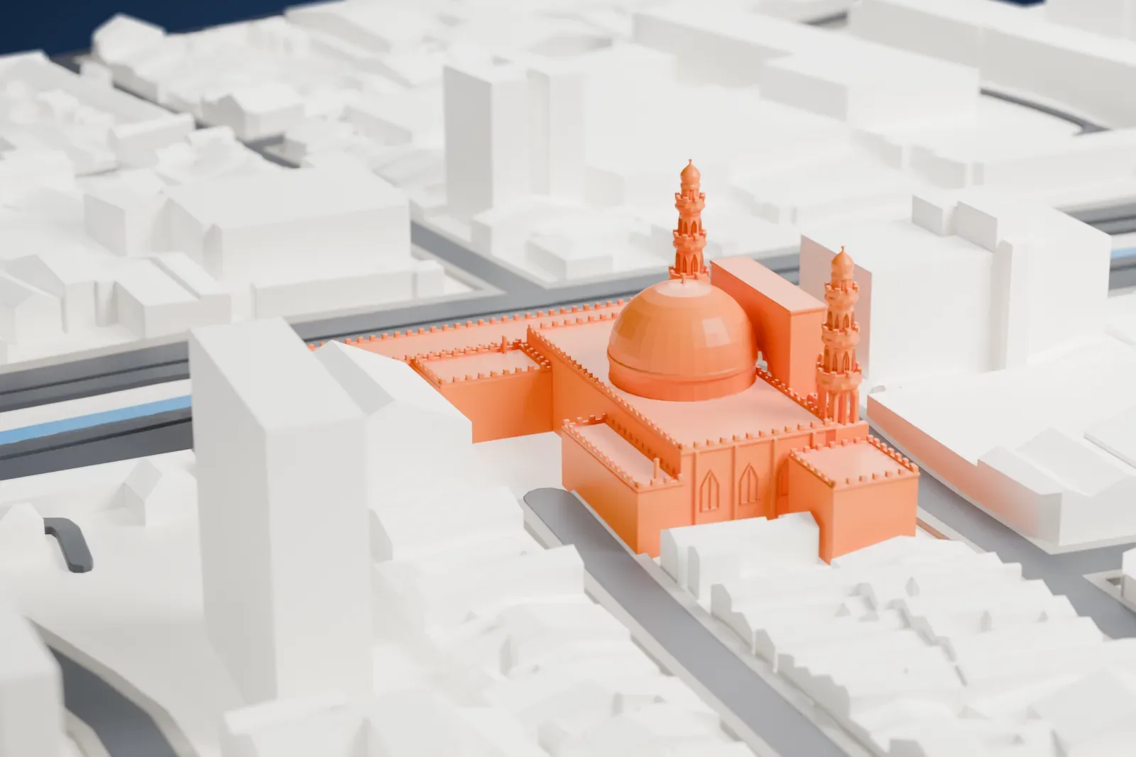 A white 3D print of Mesquita Brasil, a small mosque among the streets and buildings of São Paulo's Cambuci district.