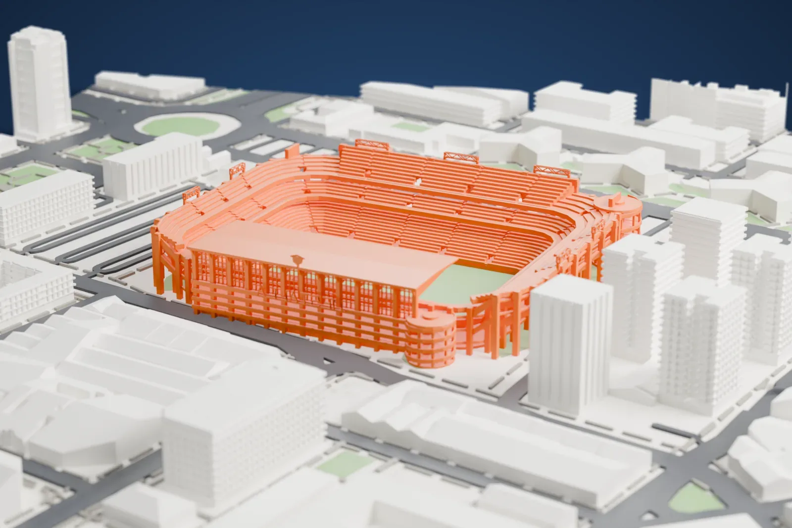 A white 3D print of Mestalla Stadium, a four-sided football stadium with steep stands, slim outer pillars and round corner towers, with one large flat roof over a single stand, among nearby buildings.