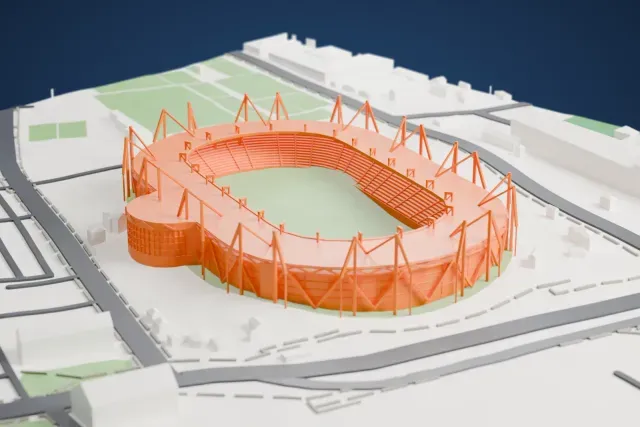 A white 3D print of the Metalist Sports Complex, an oval bowl under a ring roof carried on leaning blue masts, among the streets and buildings around it.