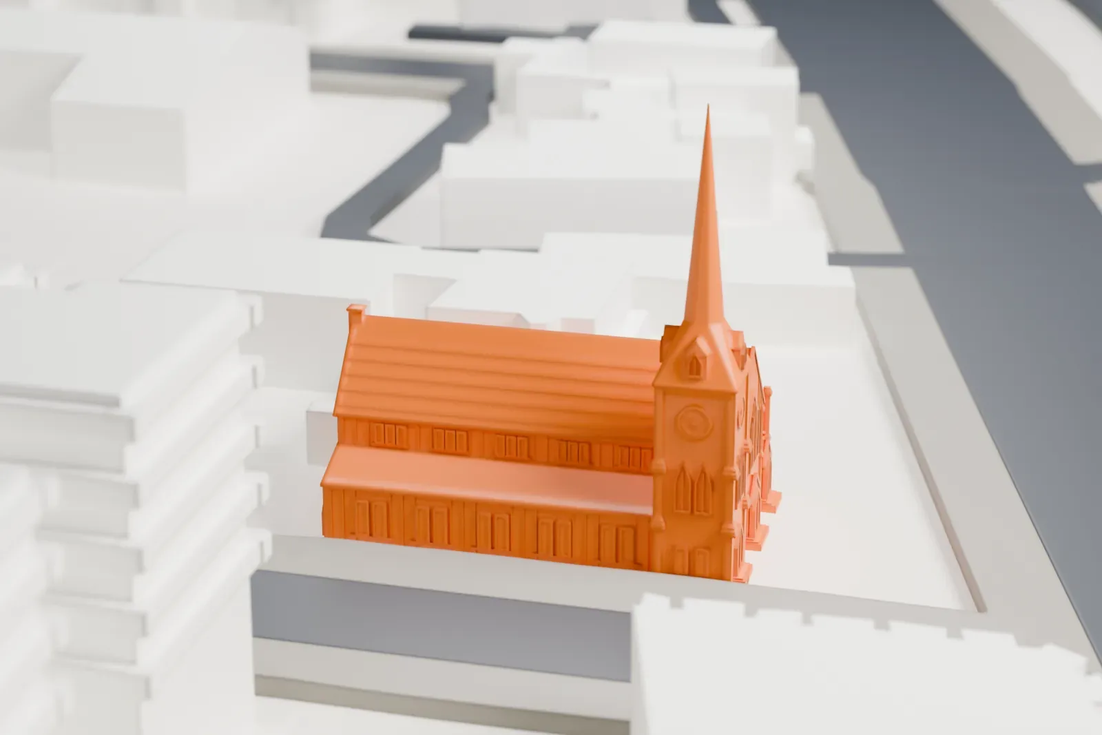A white 3D print of the Methodist Episcopal Church in Greenwich, a Gothic church with a clock tower and a tall slender spire, surrounded by streets and larger buildings.