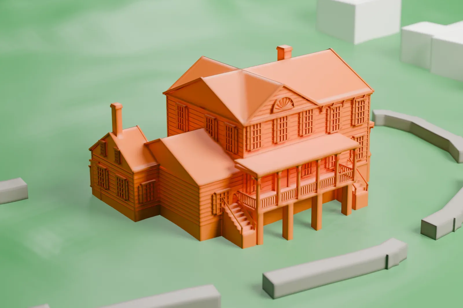 A white 3D print of the Metlar–Bodine House, a multi-gabled house with a raised porch, standing on green lawn ringed by low curved walls near a road.