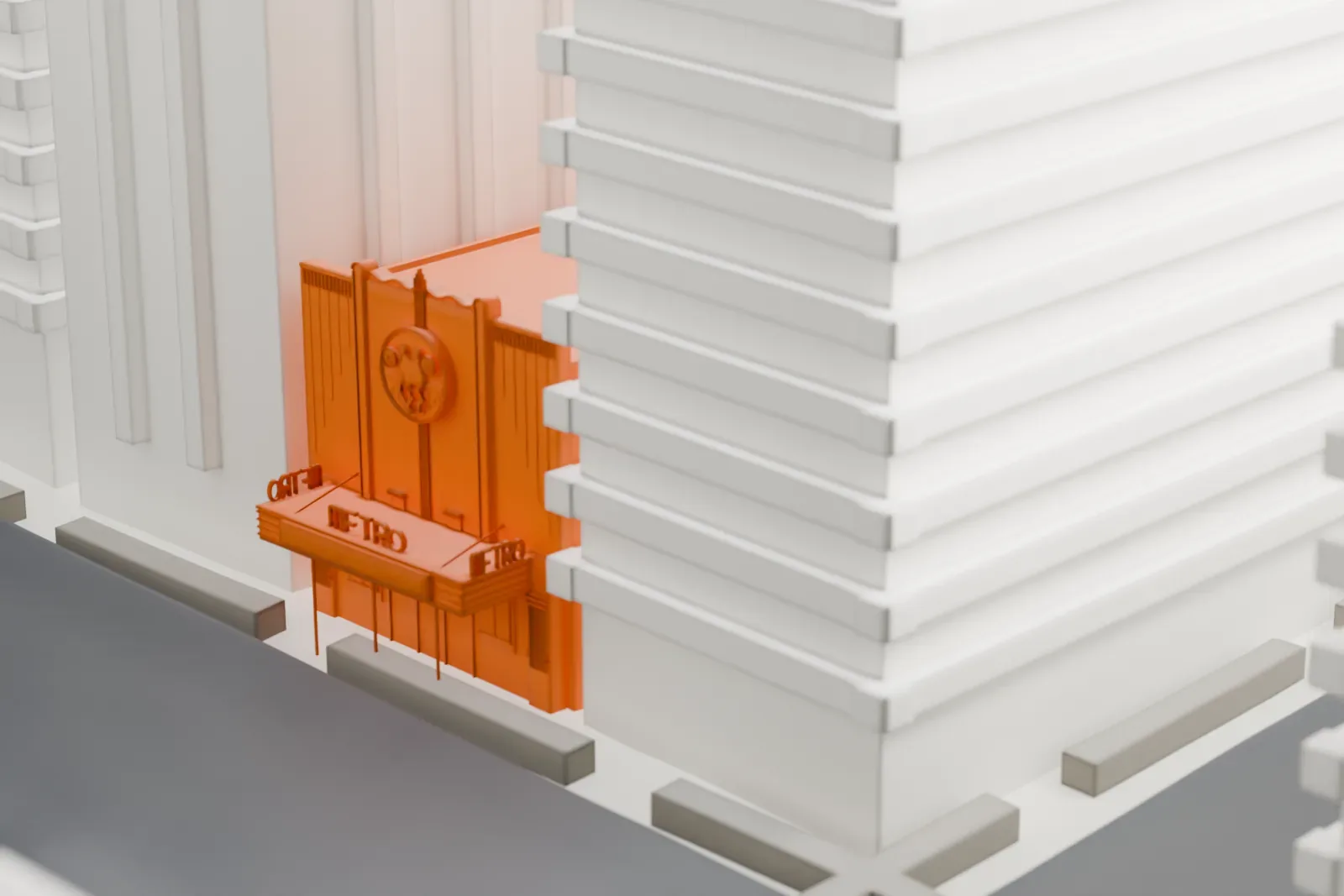 A white 3D print of the Metro Theater facade, a small frontage set among tall buildings on a city street.