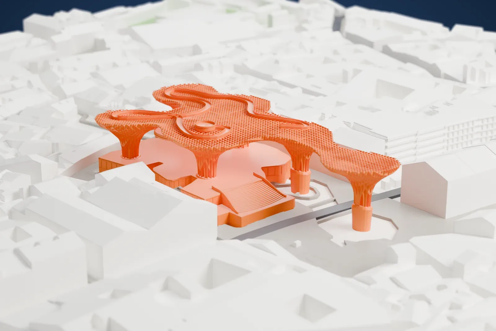 A white 3D print of the Metropol Parasol, its six mushroom-like canopies over a raised square, with old-quarter buildings around it.