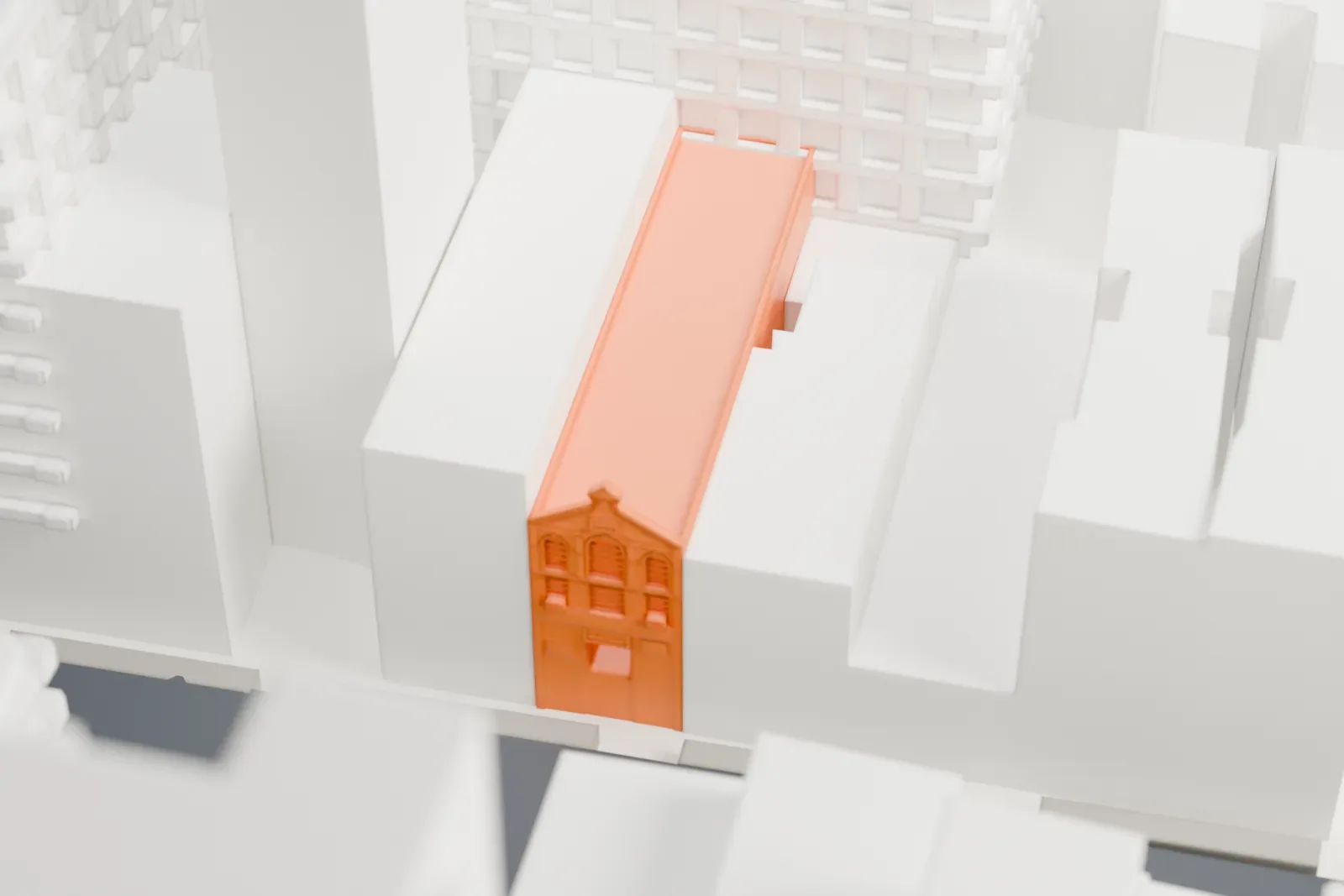 A white 3D print of the Metropolitan Community Church of New York, a narrow decorated building tucked between taller buildings on a city street.