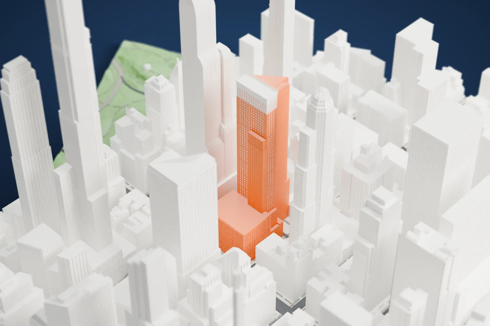 A white 3D print of Metropolitan Tower, a tall slender tower with an angled face, standing among other skyscrapers.