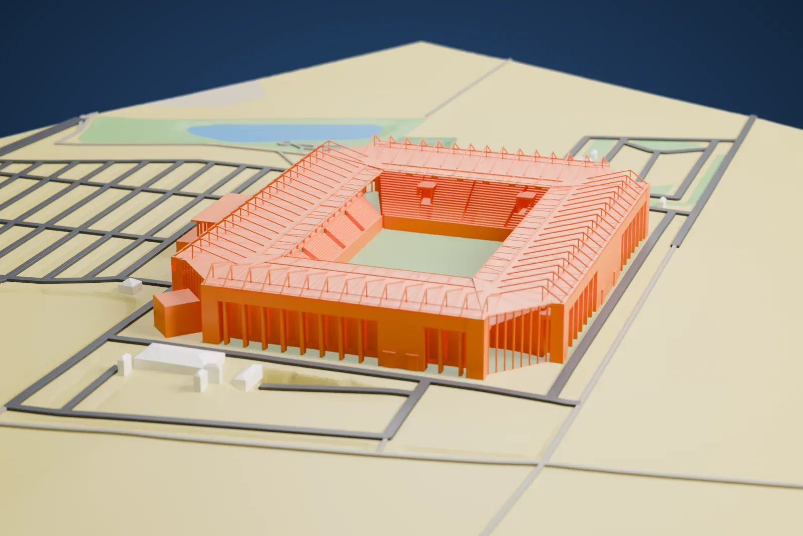 A white 3D print of Mewa Arena, an open rectangular stadium with four steep stands under deep roofs and raised triangular frames, among the streets and buildings of Mainz.
