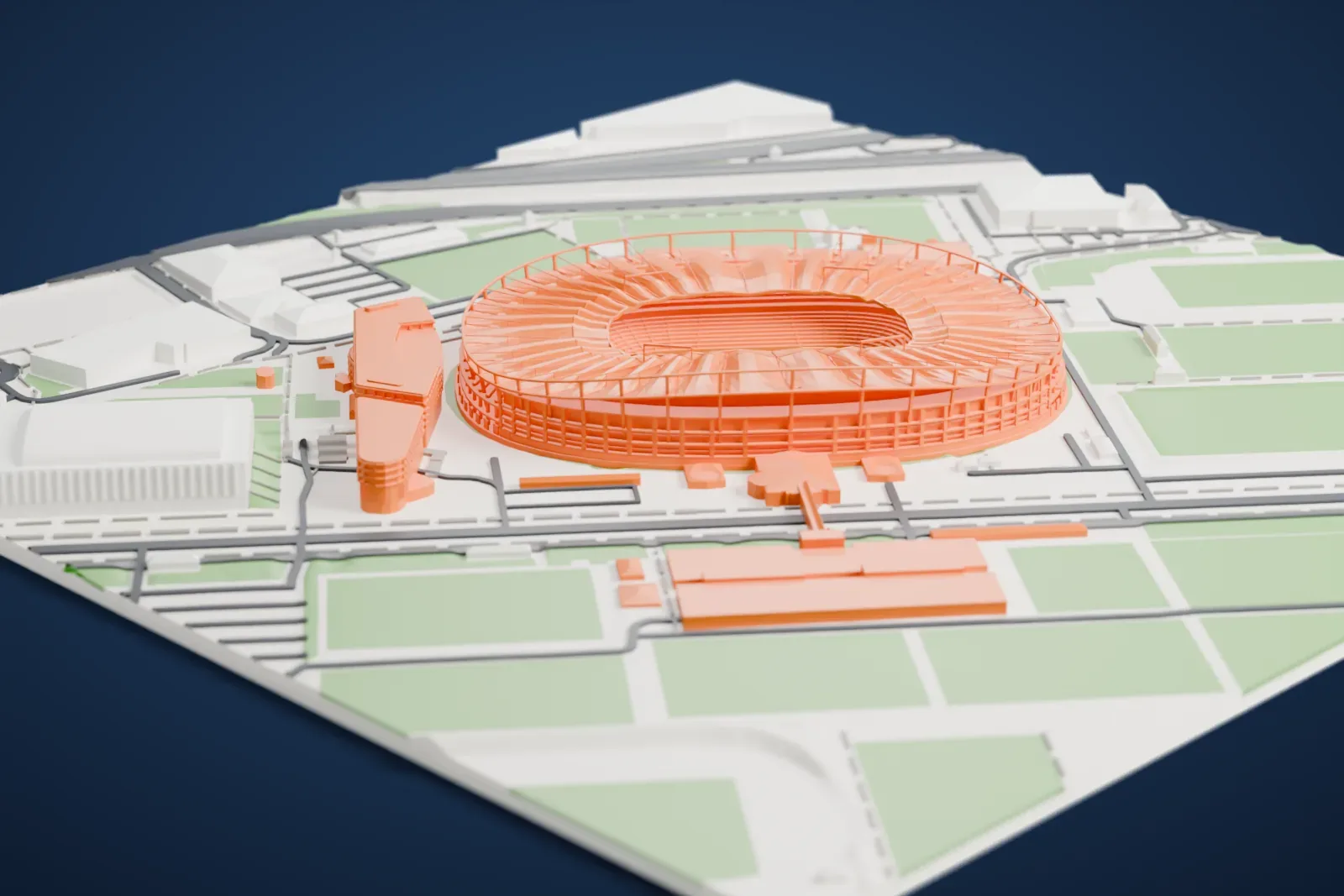 A white 3D print of MHPArena, an oval stadium with a roof of many thin radiating ribs and a slim frame around the rim, surrounded by green fields, roads and large low buildings.