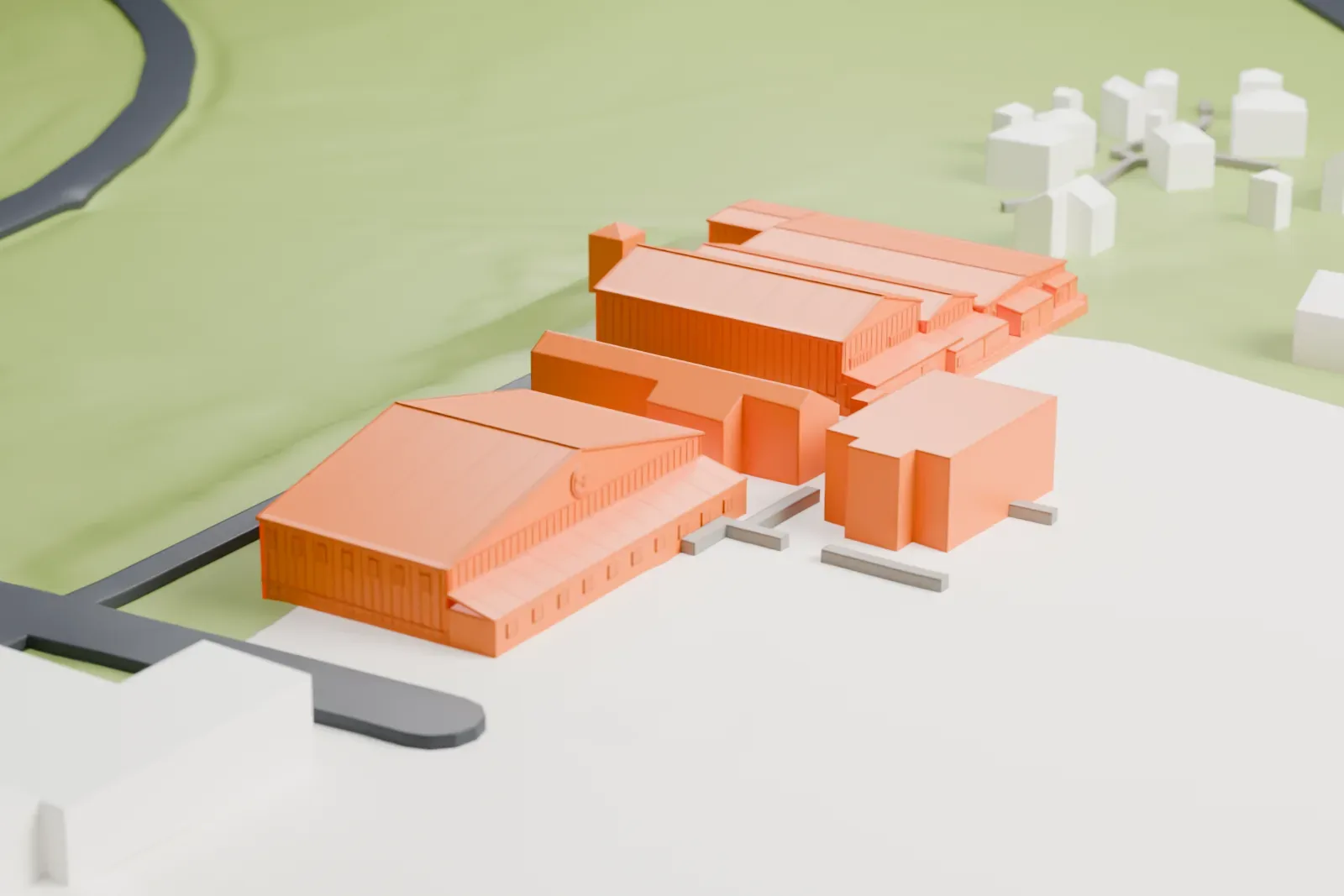 A white 3D print of the Mid-Atlantic Air Museum hangars, a group of low gabled hangars and sheds at the edge of an airfield, with grassy slopes and a few small buildings around them.