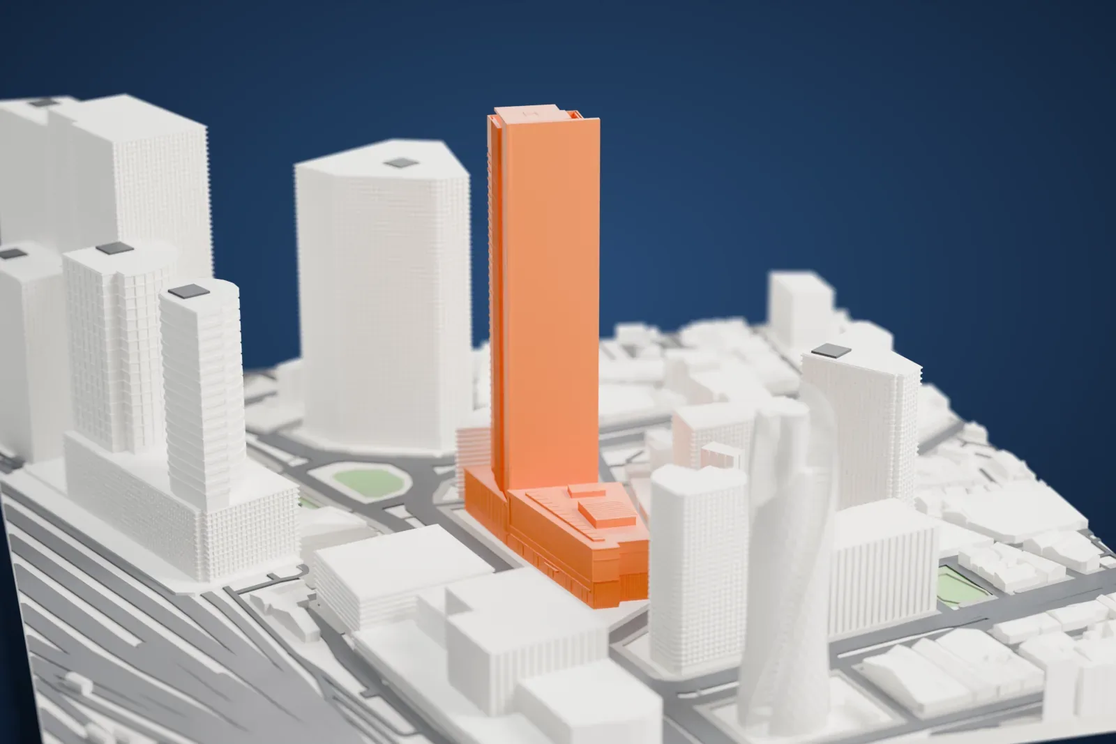 A white 3D print of Midland Square, a tall slab-like tower with a stepped roof and a lower base, surrounded by other towers and city streets.