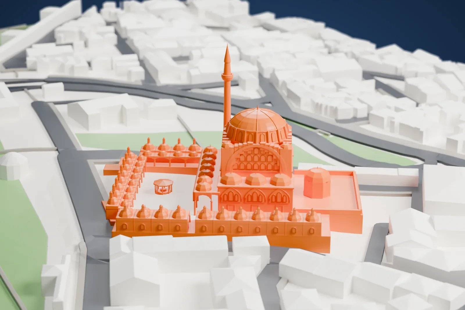 A white 3D print of the Mihrimah Sultan Mosque, with its dome and single minaret, among surrounding streets and buildings.