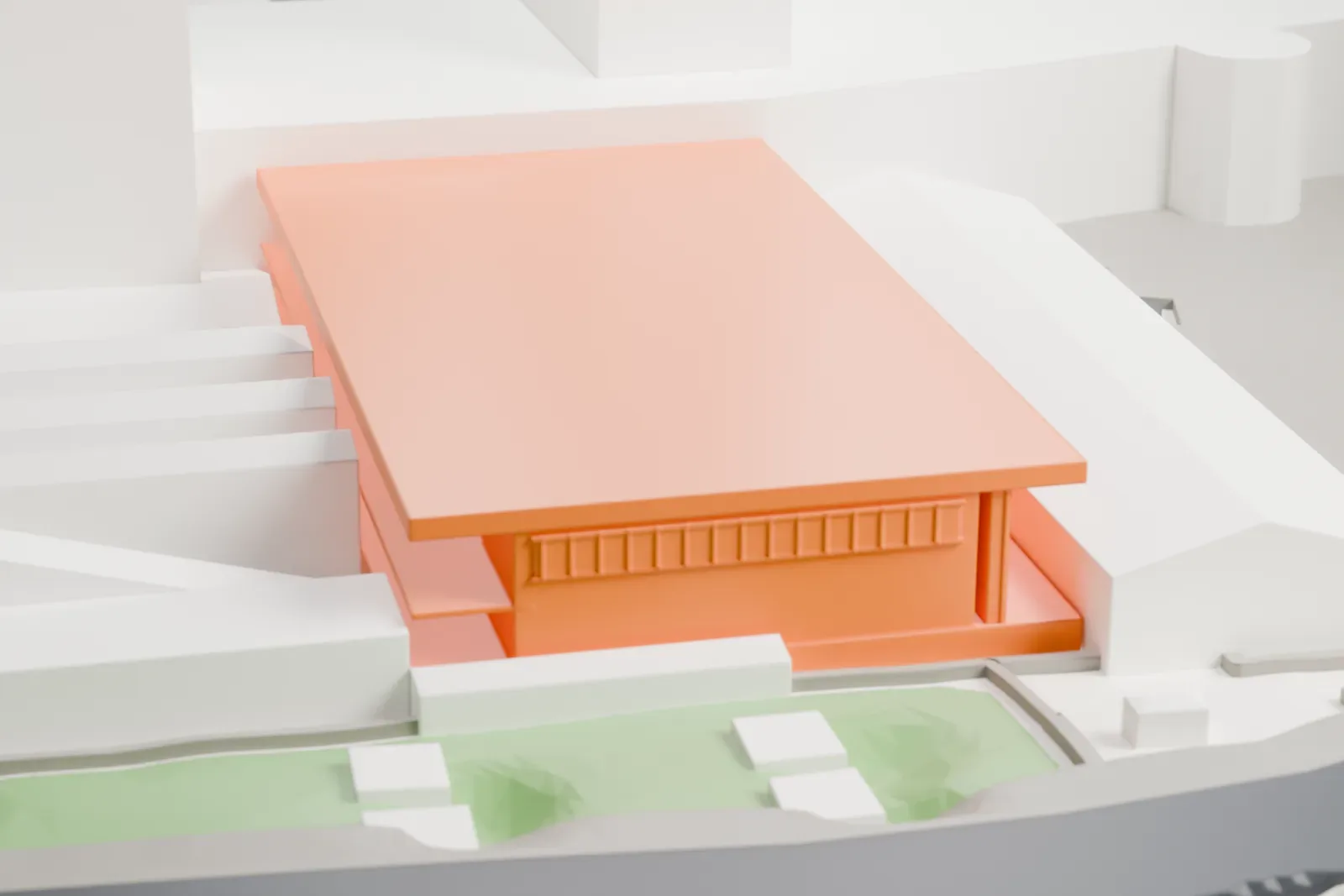 A white 3D print of Milano Porta Garibaldi railway station, among the surrounding streets and buildings.