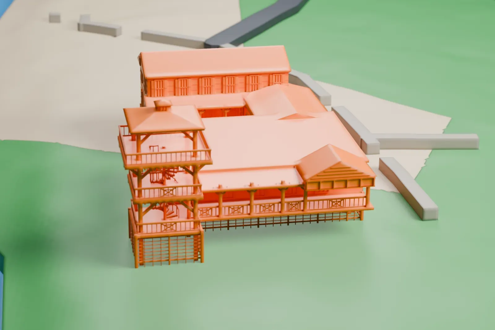 A white 3D print of the Milford Point Hotel, a long wooden building raised on latticework with a lookout tower, between a sandy shore and open water.