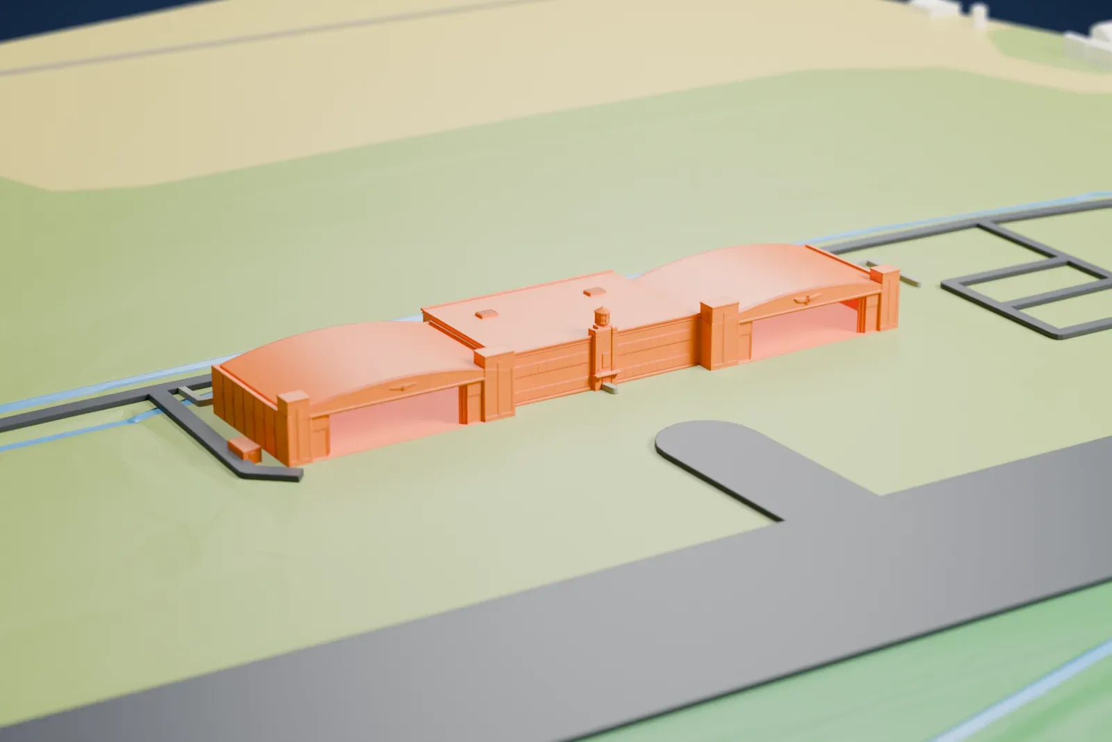 A white 3D print of the Military Aviation Museum hangars in Virginia Beach, with the surrounding land and buildings around them.