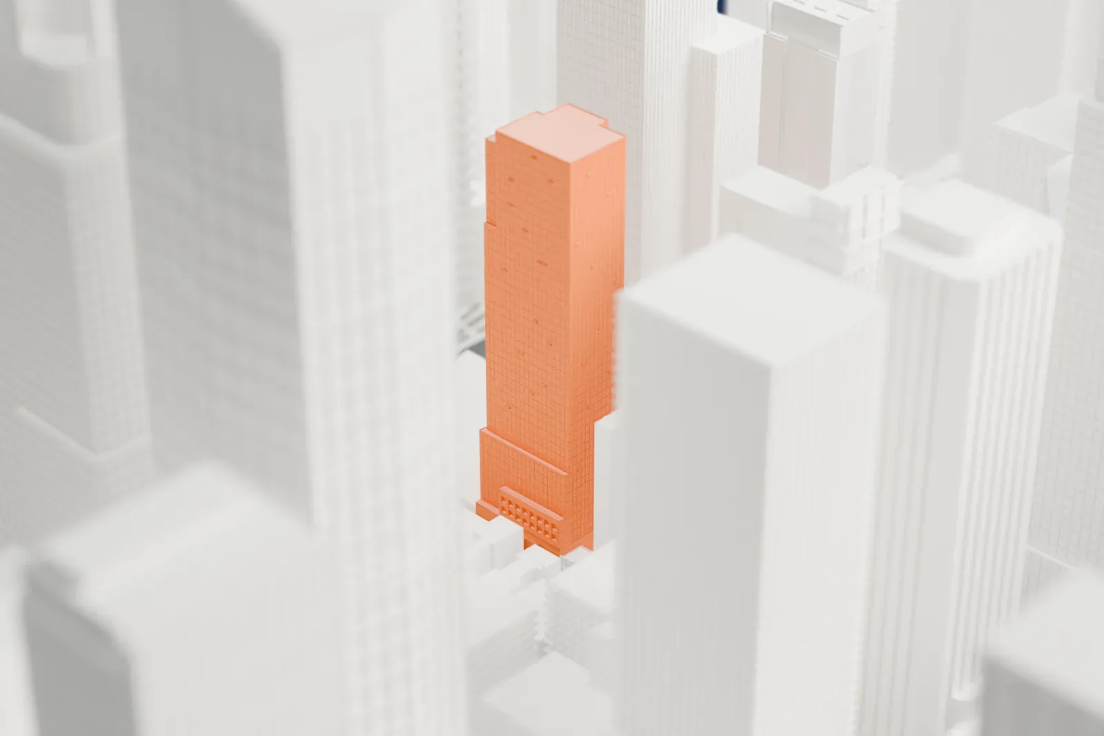 A white 3D print of Millennium Times Square New York, a tall slim hotel tower rising among other Midtown skyscrapers.