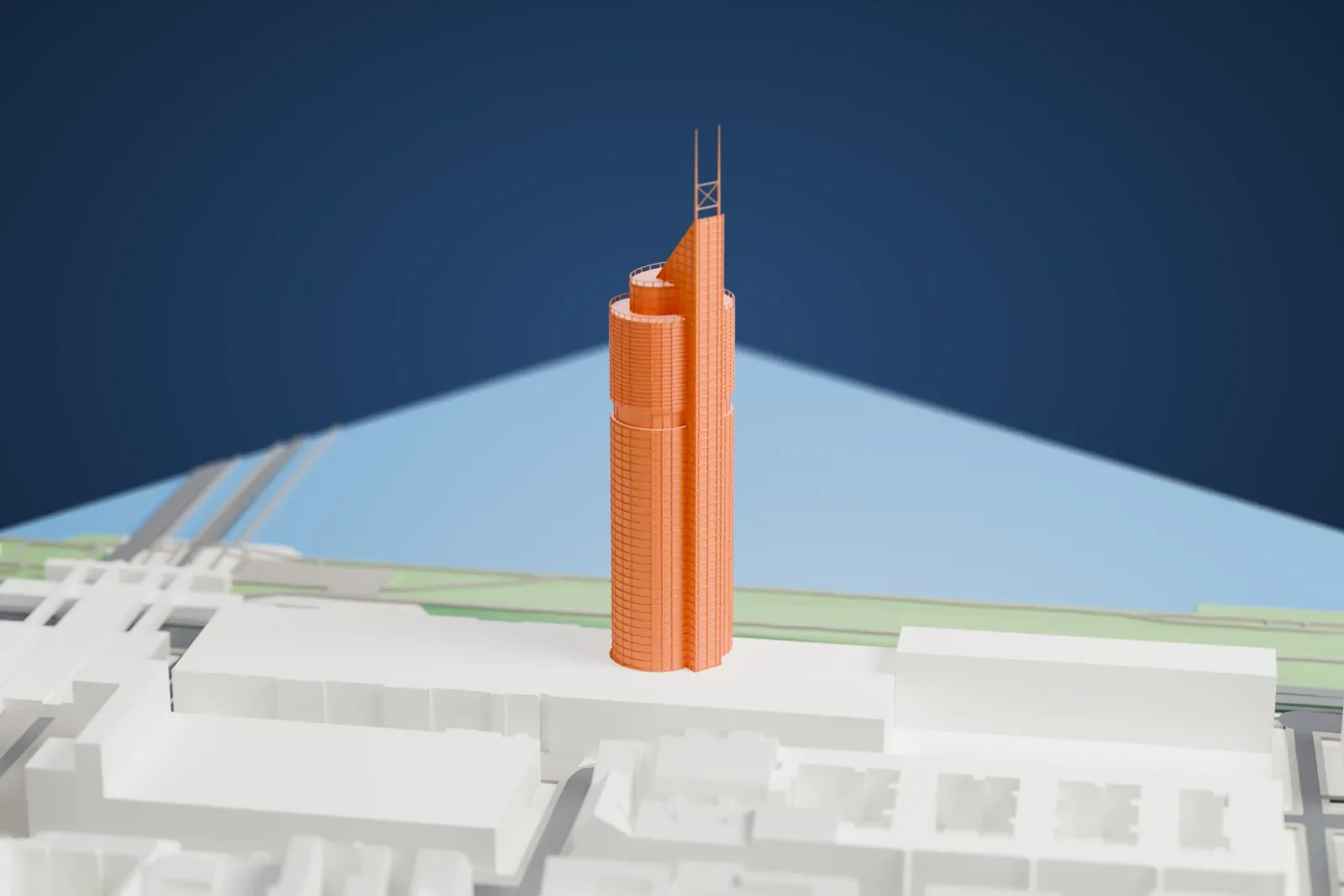 A white 3D print of the Millennium Tower, a tall glass skyscraper, among surrounding city buildings in Vienna.