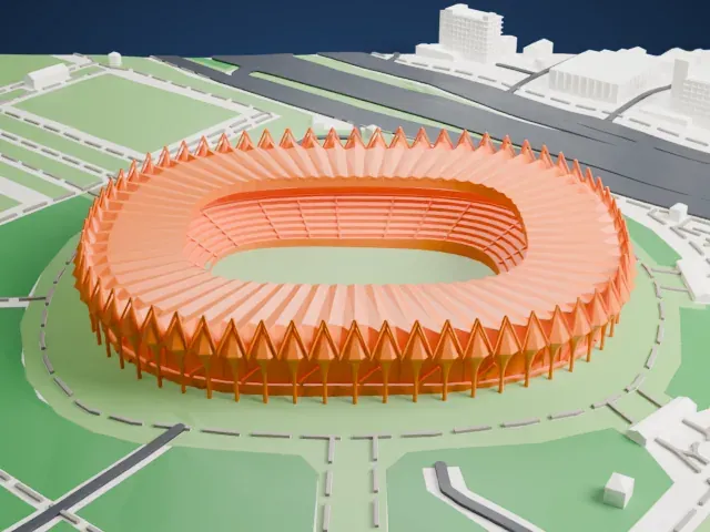 Milliy Stadium model, East view