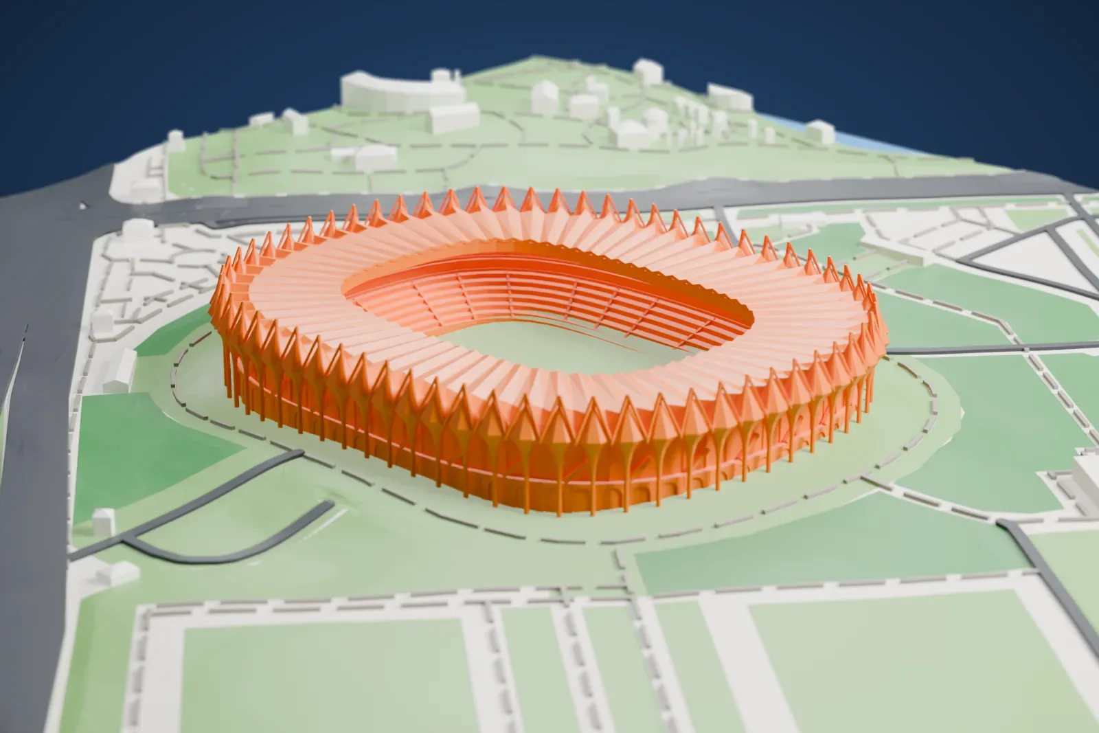 A white 3D print of Milliy Stadium, a ring of pointed cones on columns around a pleated roof over an oval bowl, among the surrounding streets and buildings.