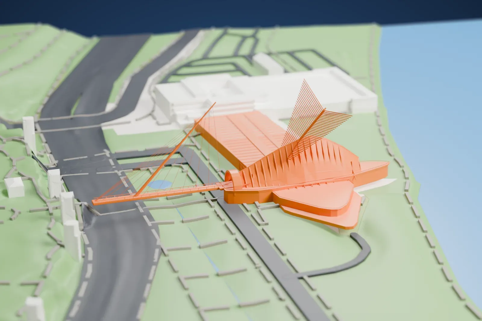 A white 3D print of the Milwaukee Art Museum, with a winged pavilion, a long flat-roofed wing and a slanted mast with fanned cables, on the lakeshore beside lawns and roads.