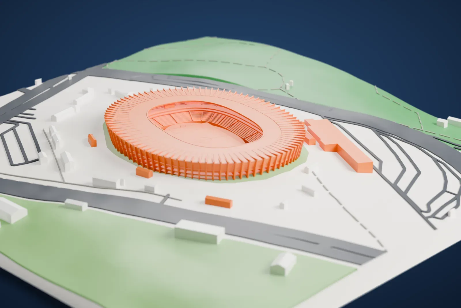 A white 3D print of Mineirão, an oval stadium with a wide ring roof edged by dozens of slim fins, set in open green grounds with roads and a few low buildings around it.