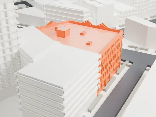 Mink Building model, East view